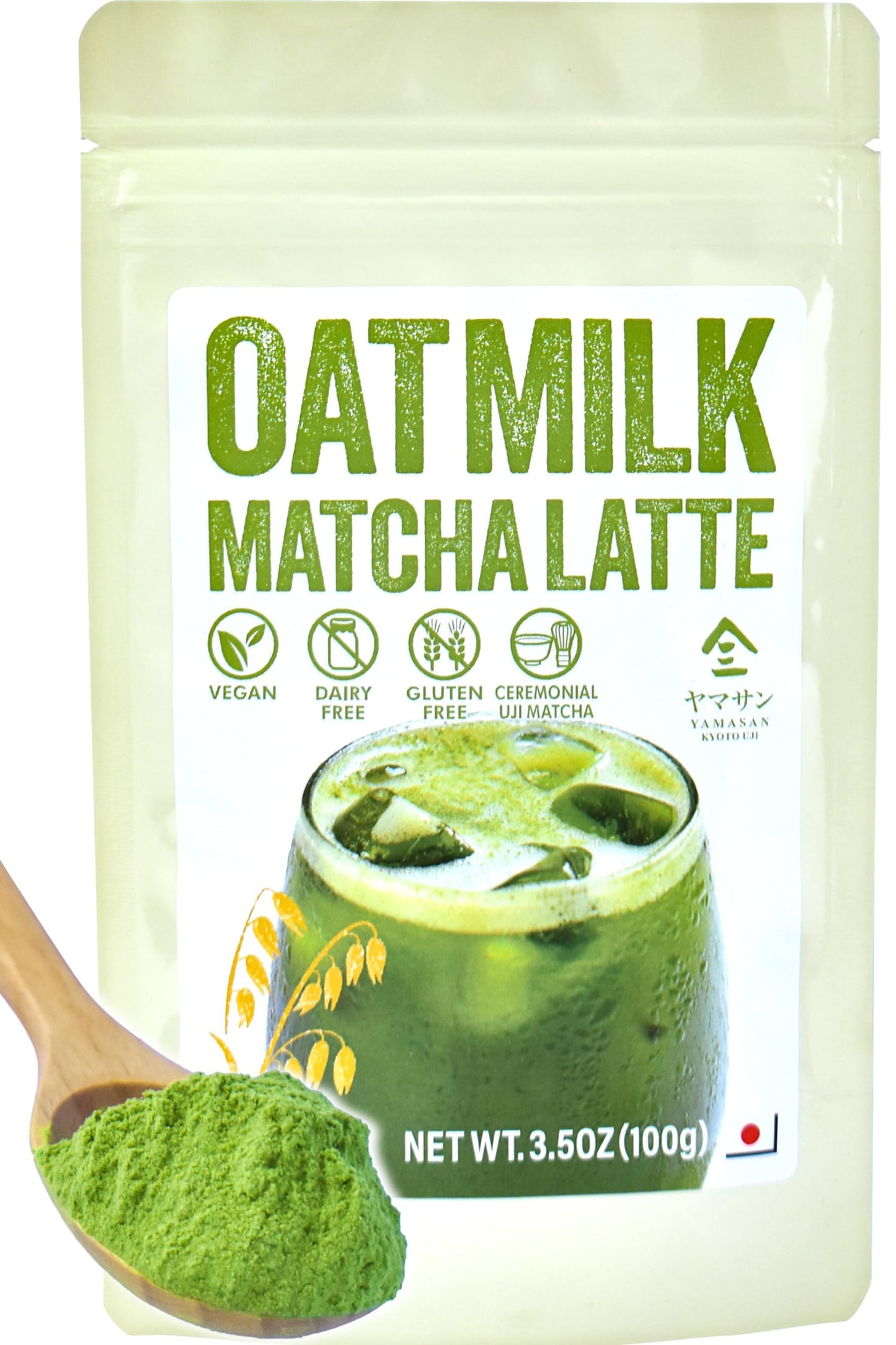 Yamasan Kyoto Uji Japanese Oat Milk Matcha Latte  Uji Matcha Ceremonial Grade With Oat Milk Instant Latte Mix  Dairy-Free  100% Plant Based  Vegan  Gluten-Free  No Refined Sugar  Made In Japan 3.5Oz(100G)