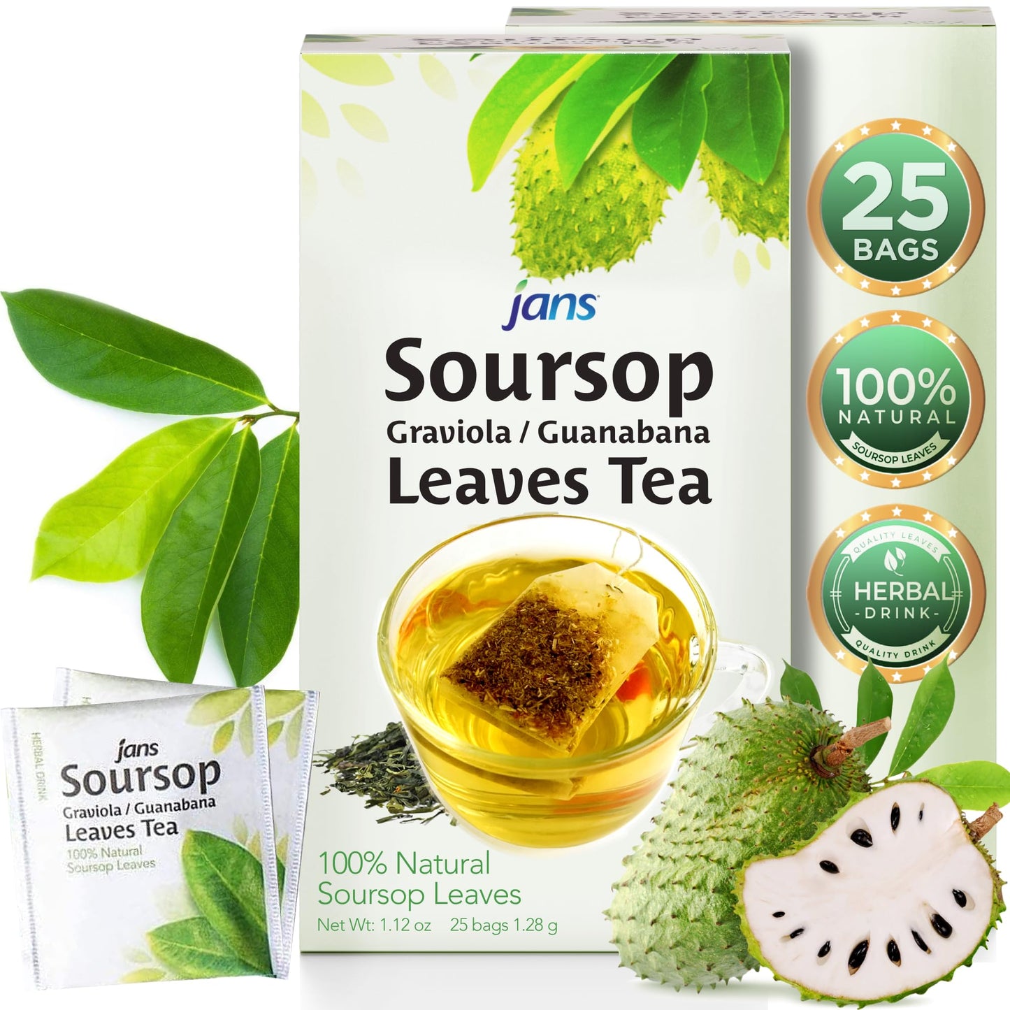 Jans Organic Soursop Tea Bags, 25 Count | Rich in Antioxidants & Vitamins B, C | Zero Cholesterol, Sugar, Fat, Sodium