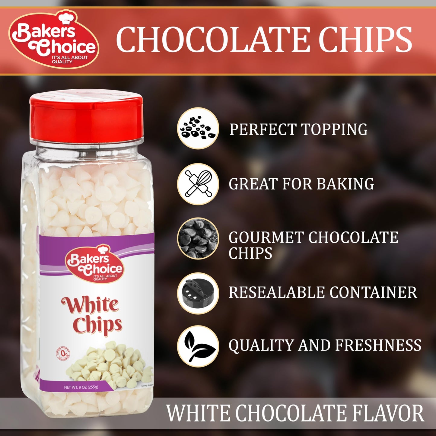 White Chocolate Flavored Chips Non Dairy, Kosher 9 ounce. Bakers Choice.