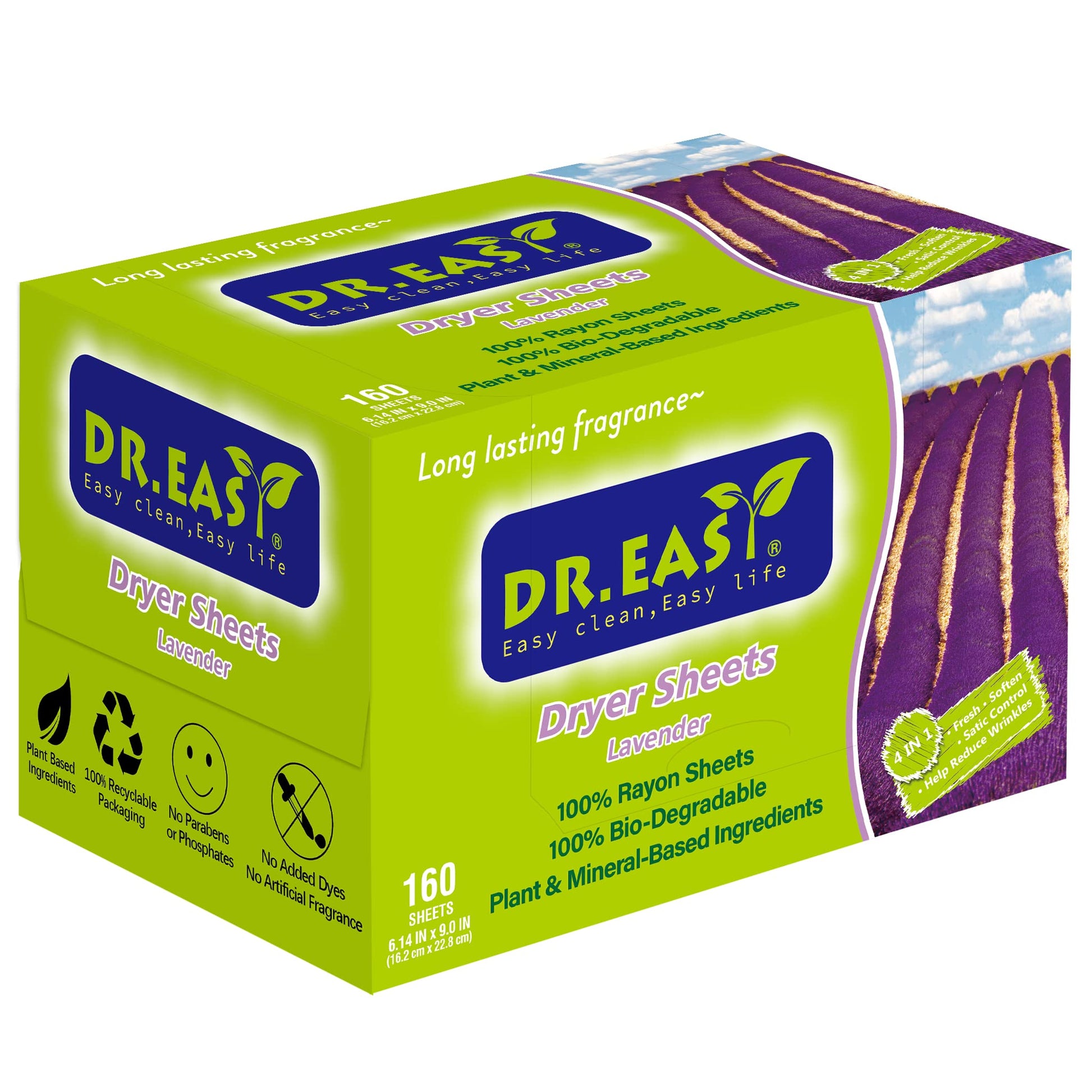 Dr.Easy Dryer Sheets Lavender Plant Based All Ingredients For Sensitive Skin 160 Ct 100% Rayon Fabric Softener Sheet For Laundry