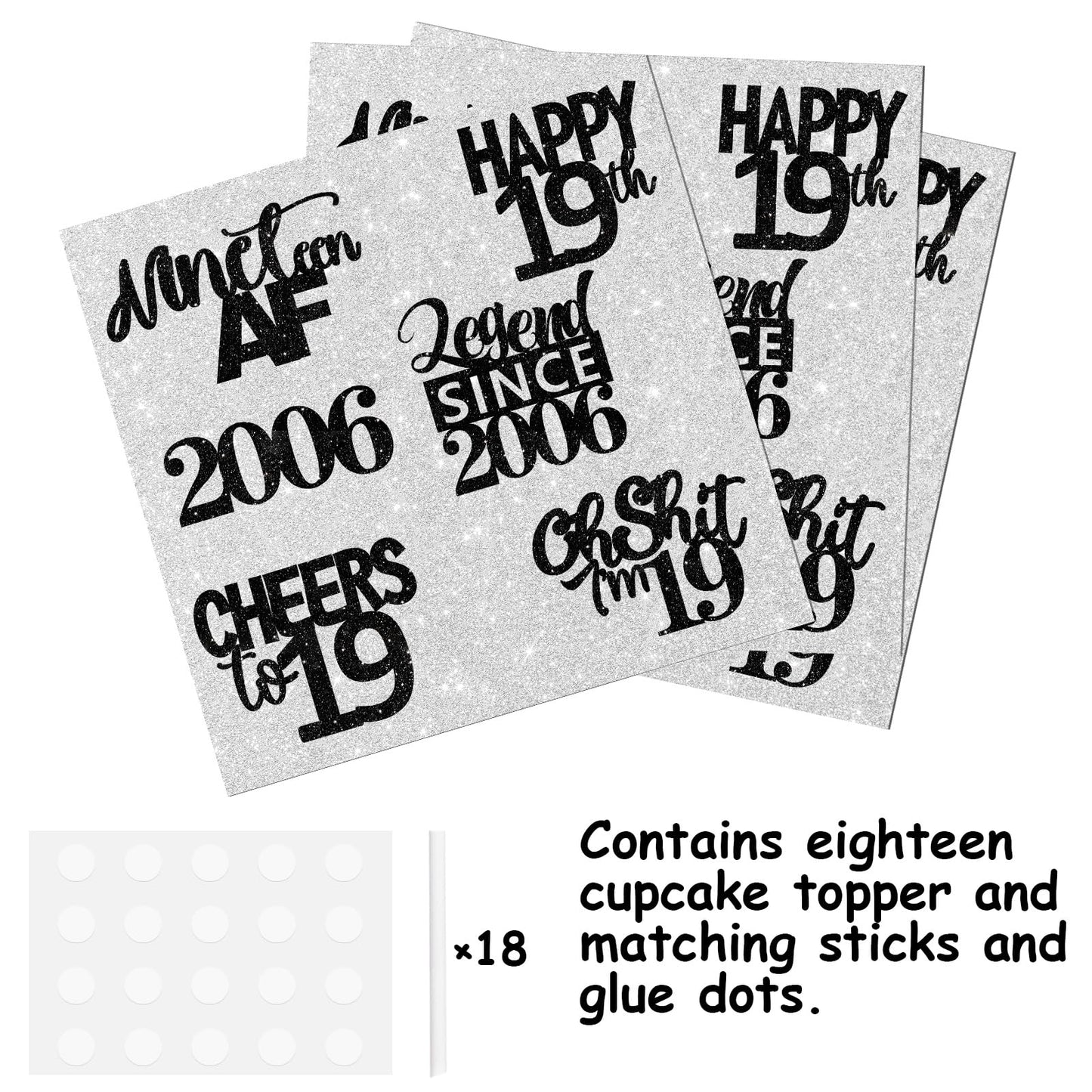 18Pcs Black Glitter Happy 19Th Dessert Cupcake Topper Pick For Funny Legend Since 2006 Theme Decor Supplies Men Women Happy 19 B