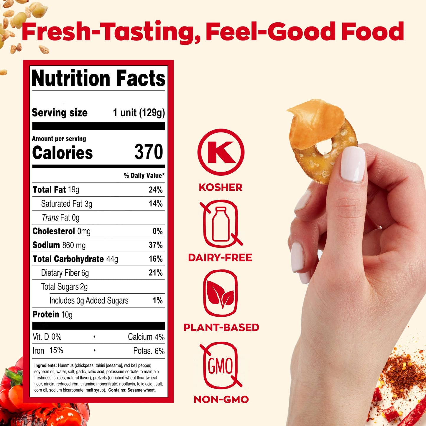 Sabra Snackers Roasted Red Pepper Hummus with Pretzels, Individual Hummus Cup for On the Go Snacks, 4.56 Oz
