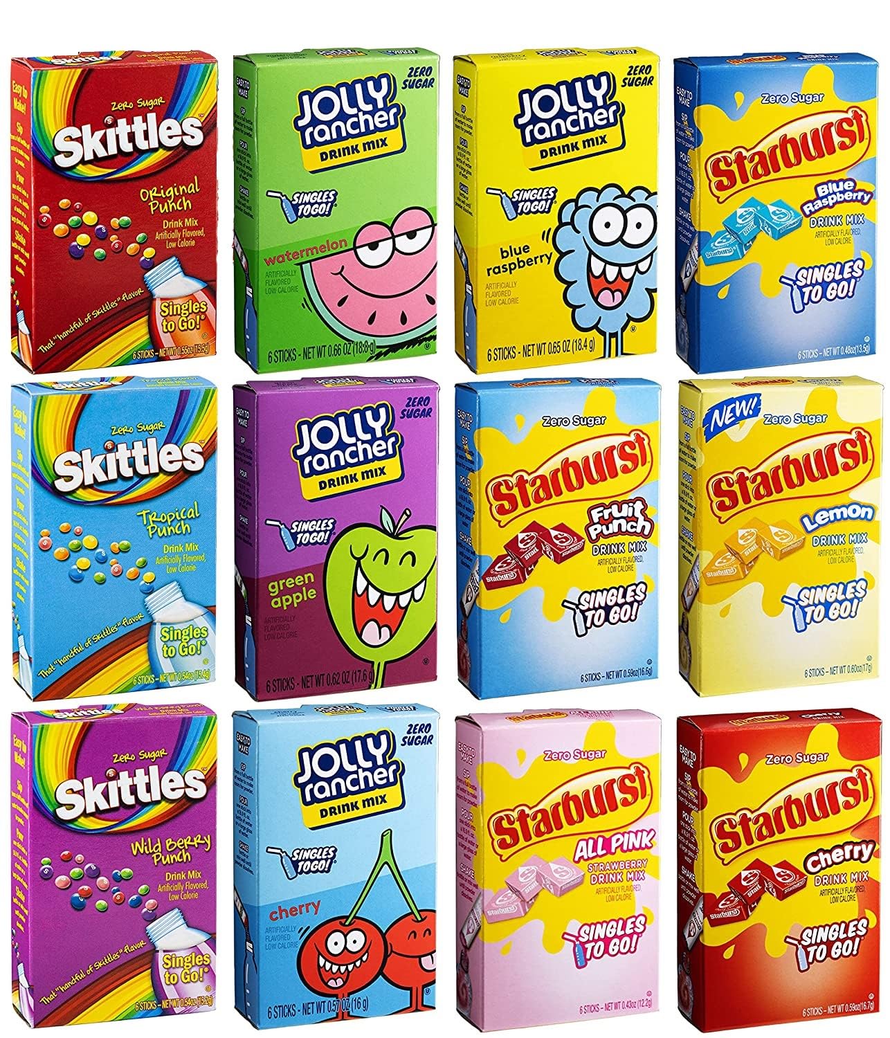 SINGLES TO GO! Sugar Free Variety Pack of Water Enhancers - Skittles, Starburst and Jolly Rancher Drink Mix Variety - 0.57 Ounce