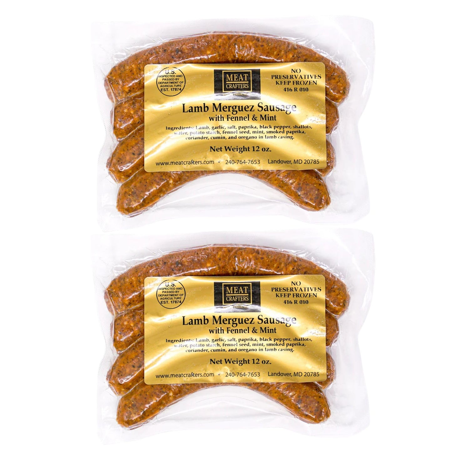 MeatCrafters Lamb Merguez Sausage with Fennel & Mint, No Antibiotics, Preservative Free, 12oz (2-Pack, 8 Total Links)