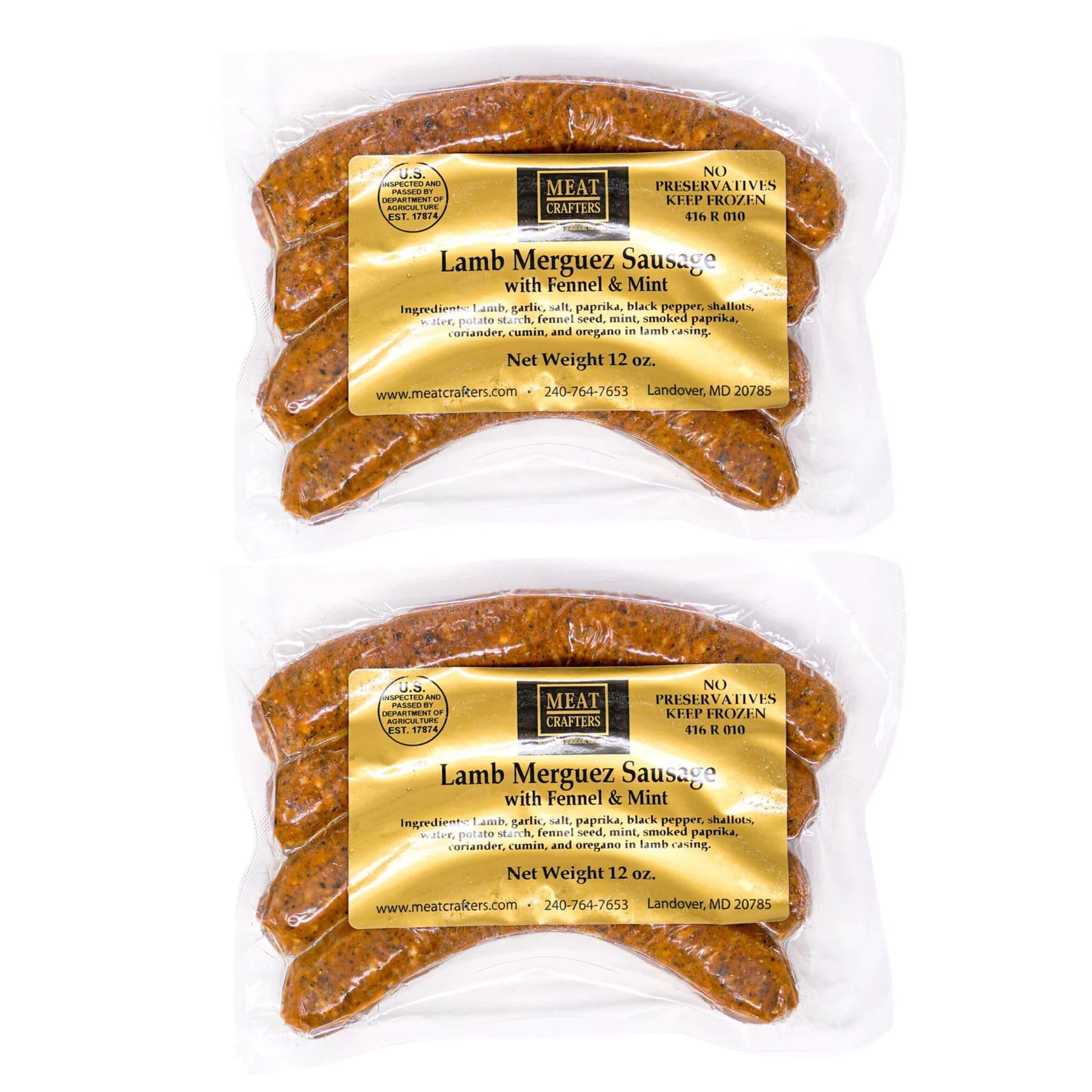 MeatCrafters Lamb Merguez Sausage with Fennel & Mint, No Antibiotics, Preservative Free, 12oz (2-Pack, 8 Total Links)