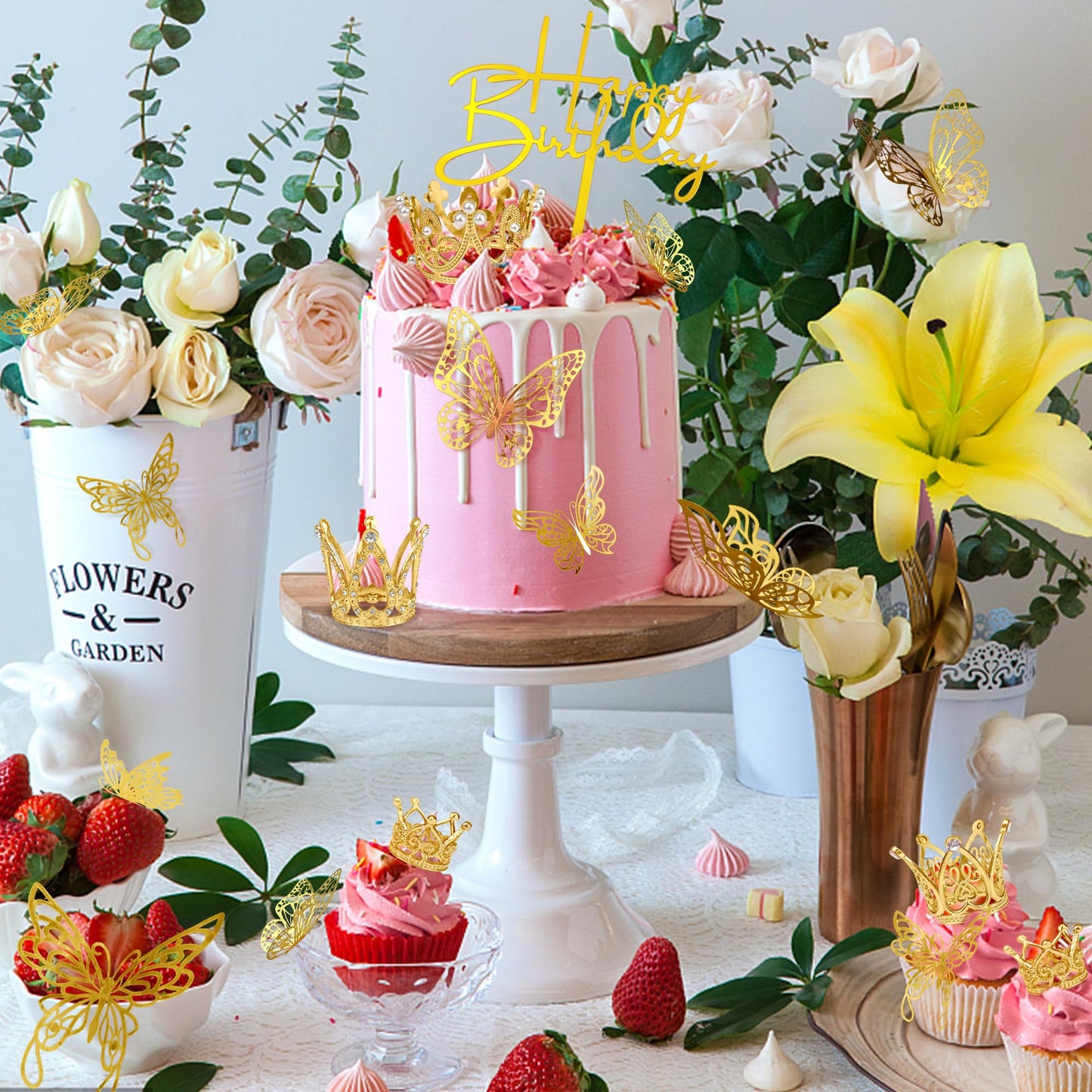 44 Pcs Gold Crown Cake Decoration 16 Pcs Mini Crown Tiny Crown With 24 Pcs Butterfly Wall Decors And 4 Pcs Birthday Cake Topper