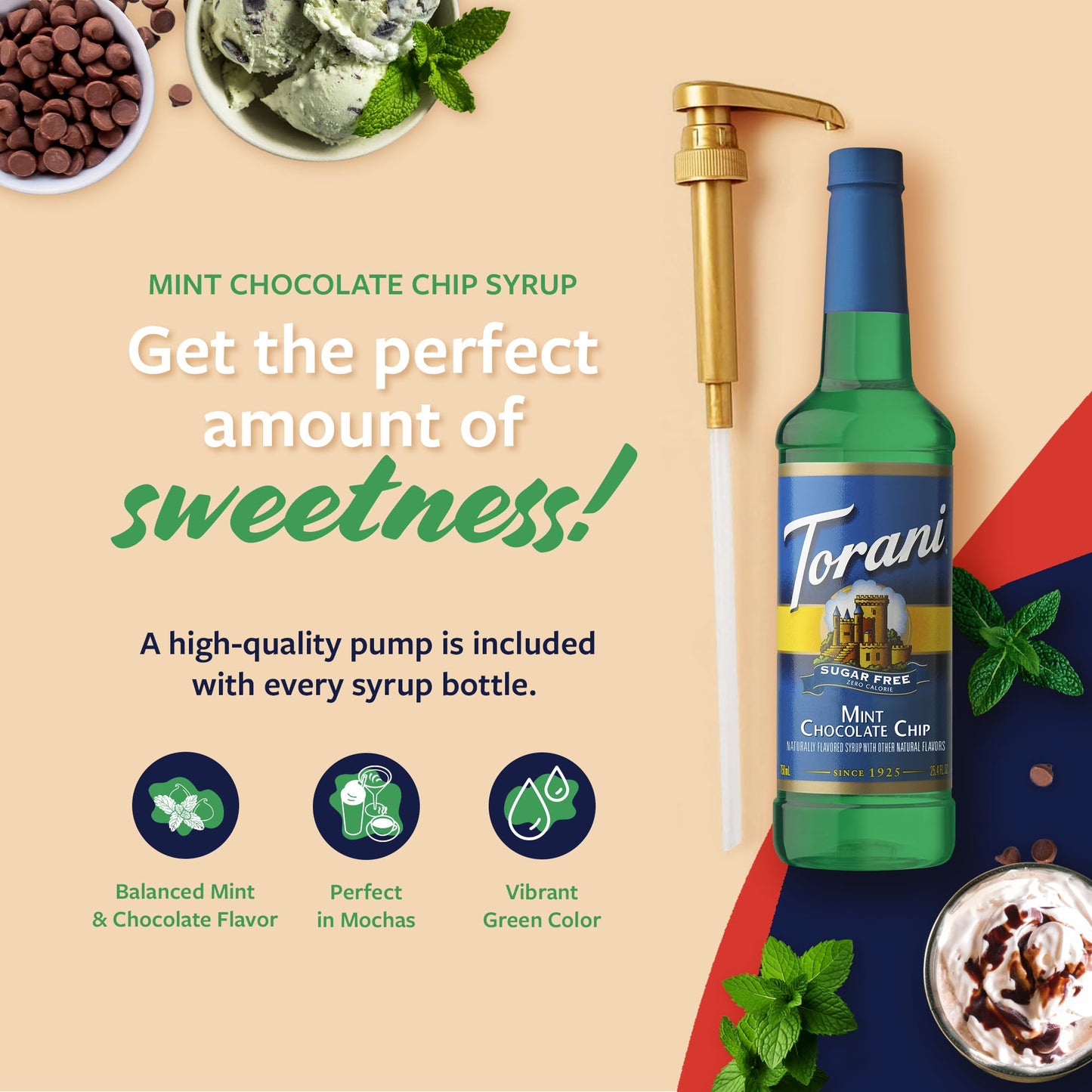 Torani Sugar Free Coffee Syrup, Mint Chocolate Chip Flavoring For Drinks, Zero Calorie, Pump Included, 25.4 Fl Oz
