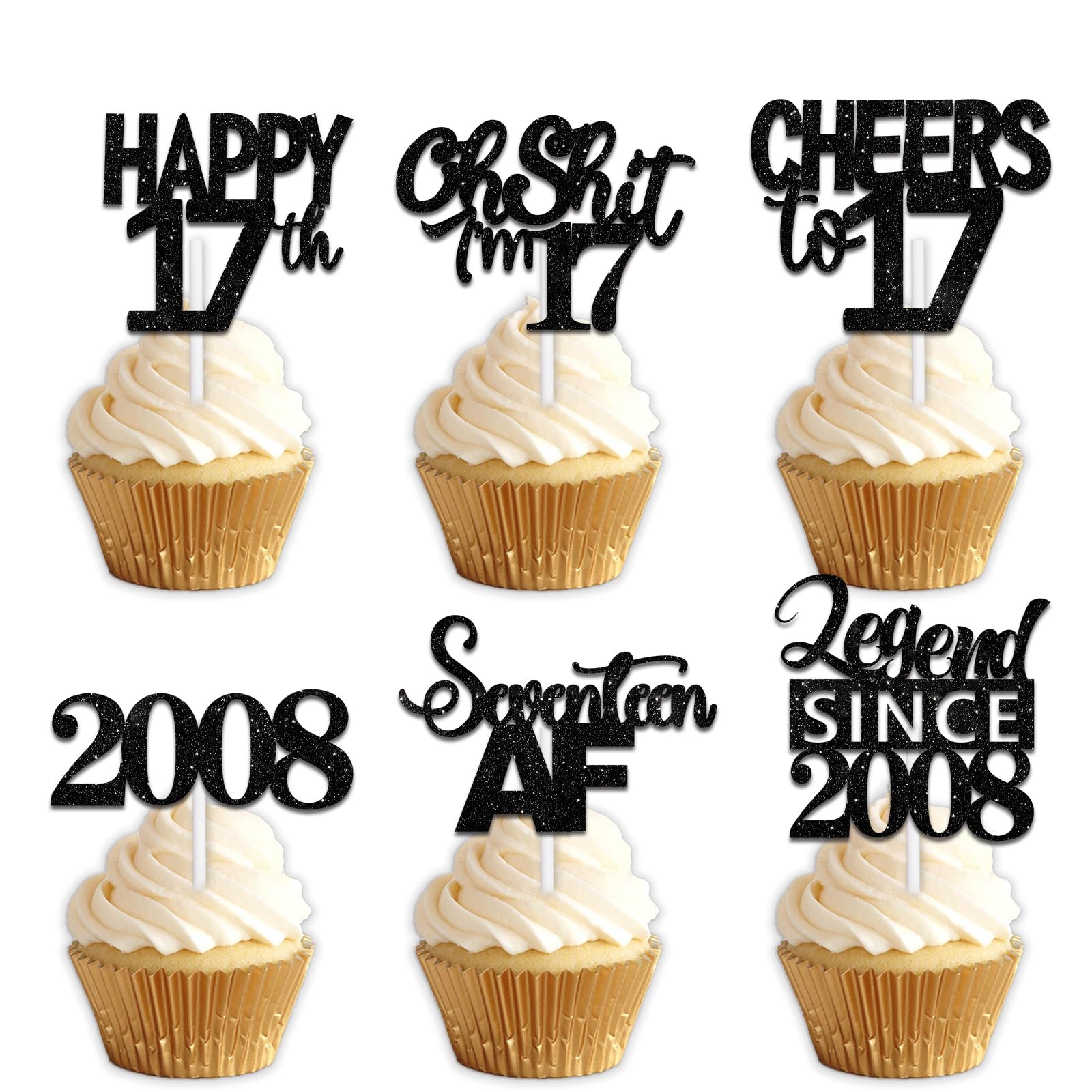18pcs Black Glitter Happy 17th Dessert Cupcake Topper Pick for Funny Legend Since 2008 Theme Decor Supplies Men Women Happy 17 B