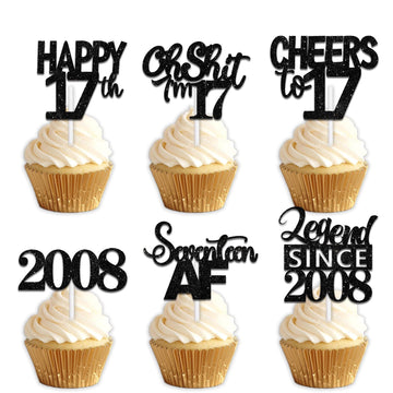 18pcs Black Glitter Happy 17th Dessert Cupcake Topper Pick for Funny Legend Since 2008 Theme Decor Supplies Men Women Happy 17 B