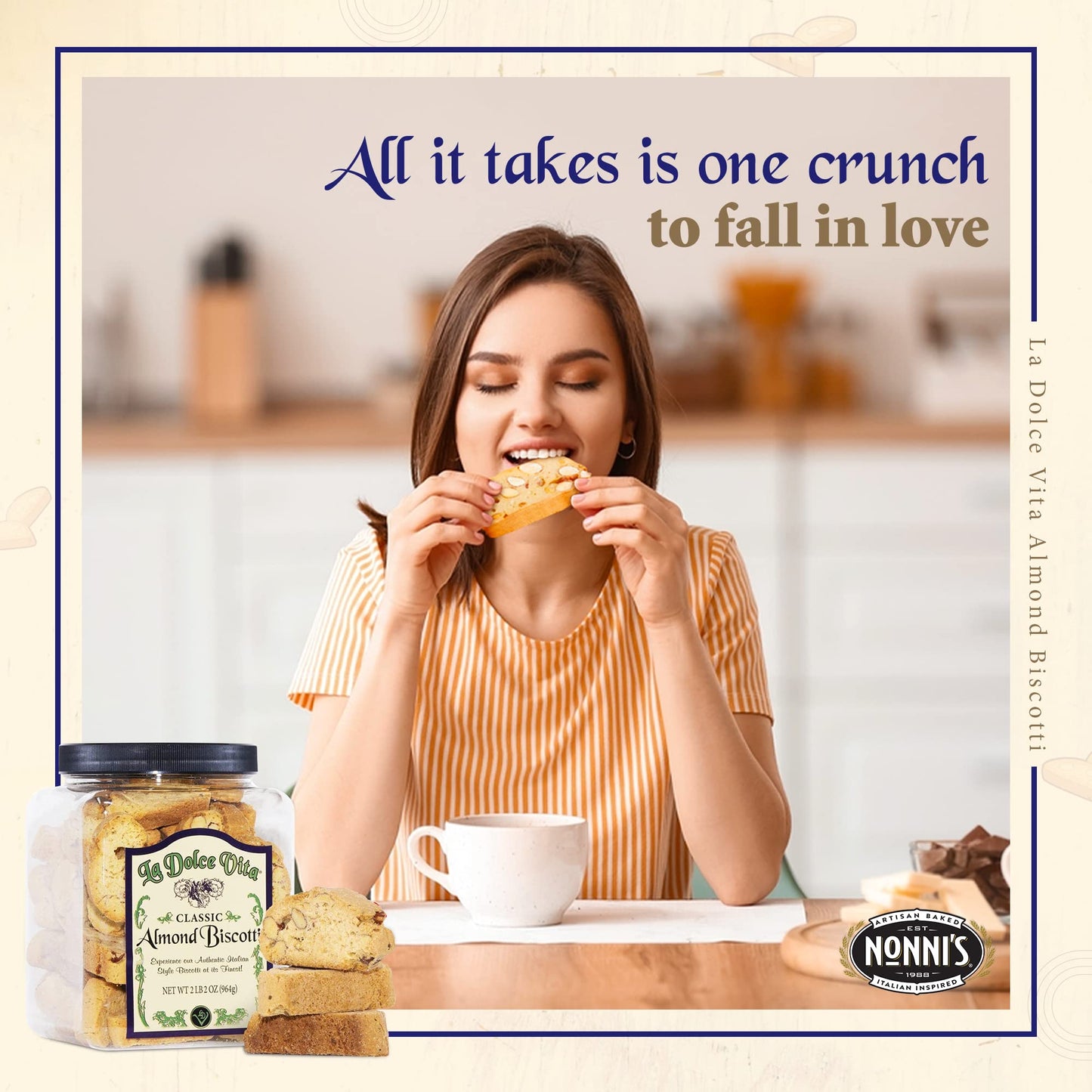 Nonni's Almond Biscotti - Italian Cookies with California Whole Almonds - 2.12 lb Jar - Perfect for Coffee - Kosher