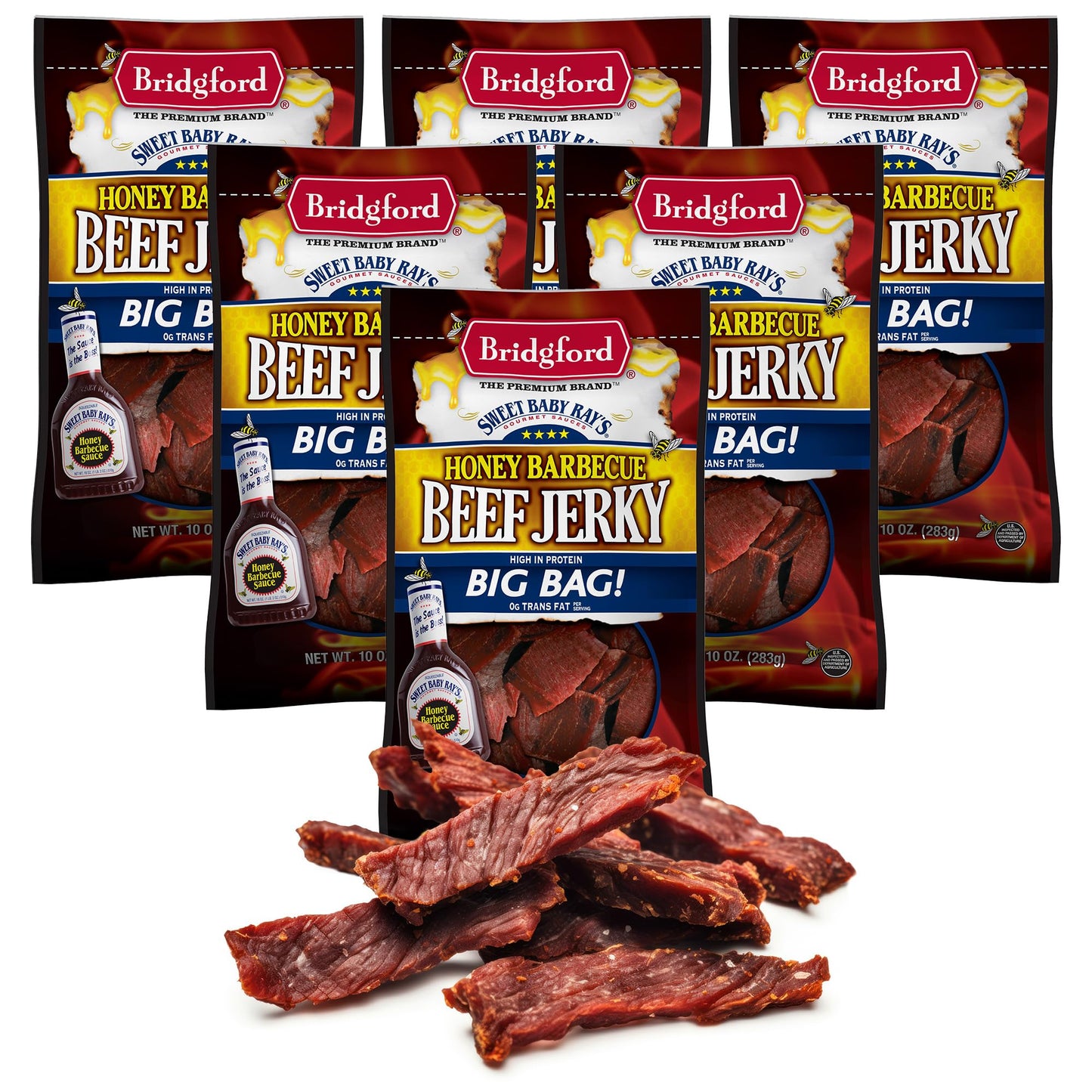 Bridgford Beef Jerky Honey BBQ, High Protein, 10 oz Pack of 6, Naturally Smoked, Ready to Eat Meat Snacks