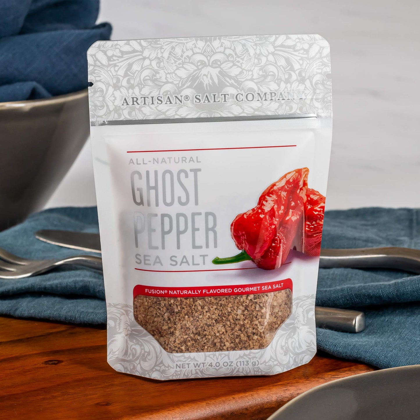 SaltWorks Artisan Ghost Pepper Sea Salt, 4 Ounce Zip-Top Pouch, Light Tan to Medium Brown Crystals