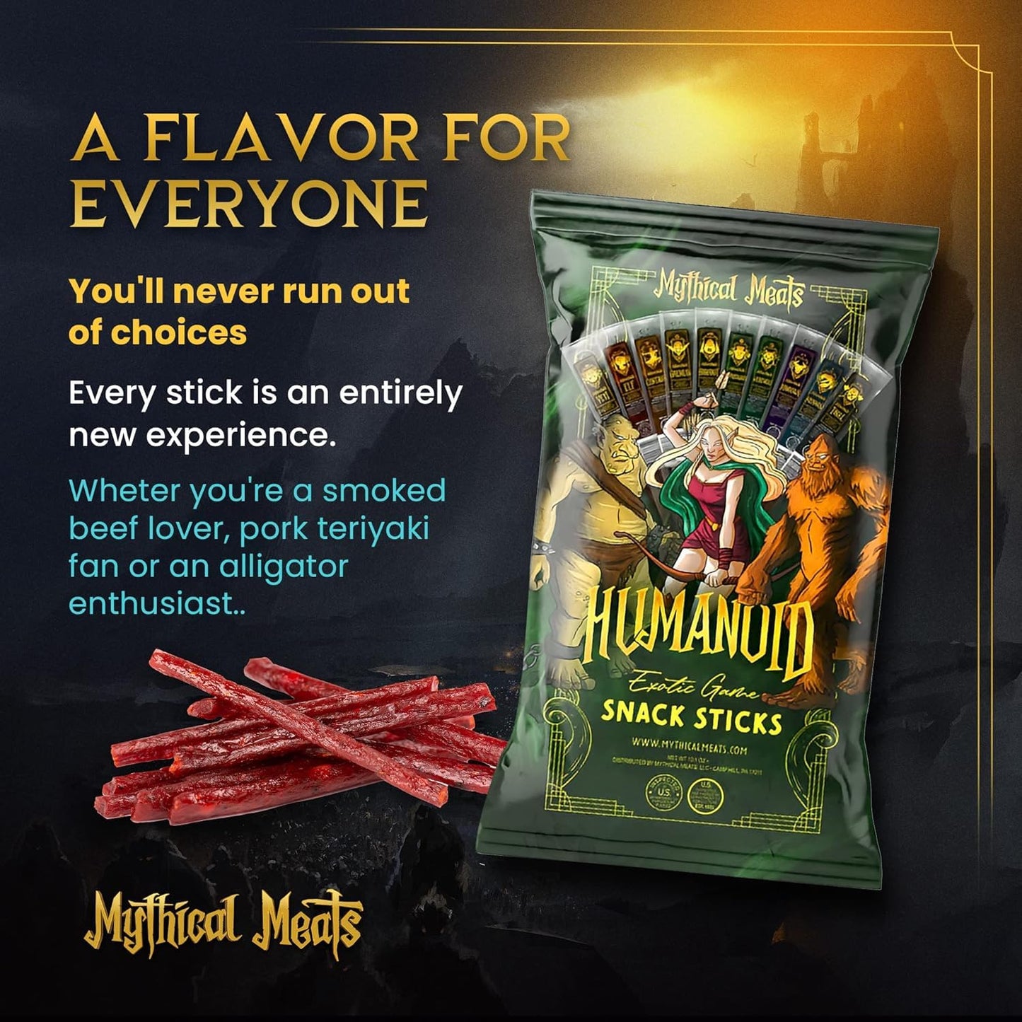 Mythical Meats Original & Humanoid Sampler Pack Bundle - 20 Exotic Game And Beef Snack Sticks - Dried & Dehydrated Meats Seasone