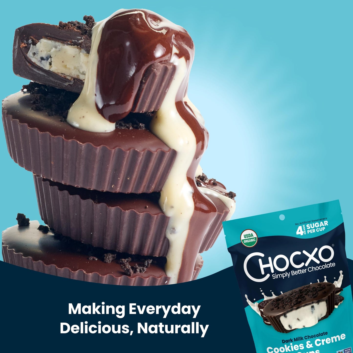 Chocxo Dark Milk Chocolate Cookies & Crème Cups - Lower Sugar, 69% Organic Cacao, Nongmo, Keto, Gluten Free, Kosher, No Artificial Sweeteners/Sugar  S, 3.45 Oz (Pack Of 6)