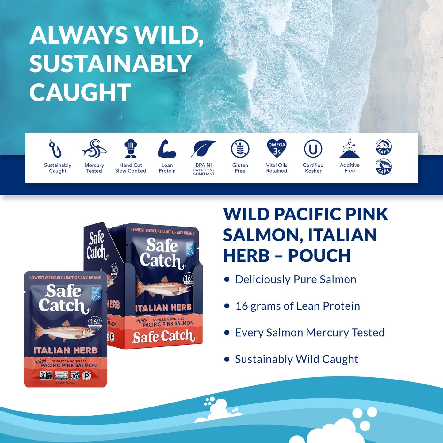 Safe Catch Wild Pacific Pink Salmon Pouch, Italian Herb, Mercury Tested, 2.6oz, Pack of 12, Kosher
