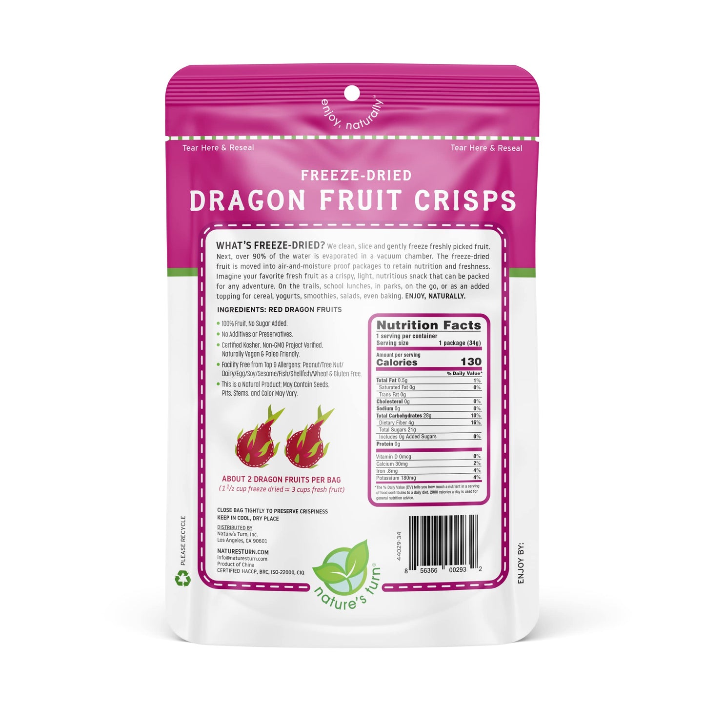 Nature'S Turn Freeze-Dried Fruit Snacks, Dragon Fruit Crisps, Pack Of 6 (1.2 Oz Each)