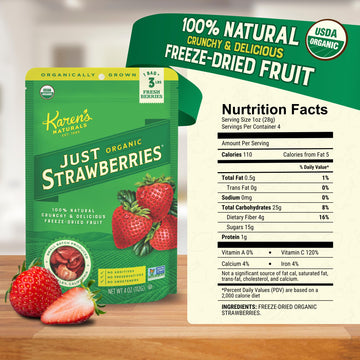 Karen'S Naturals Organic Freeze-Dried Strawberries, 4Oz, Pack Of 2 - Crunchy, Flavor Packed Freeze Dried Fruit Snack, Organic St