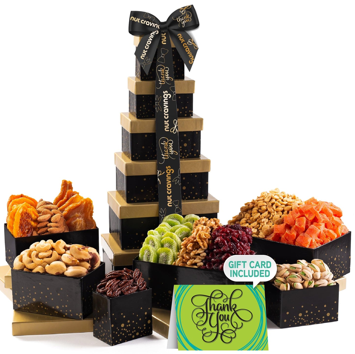 Nut Cravings Gourmet Collection - Thank You Tower Gift Basket, Gourmet Nuts & Dried Fruits With Ty Ribbon + Greeting Card (12 As
