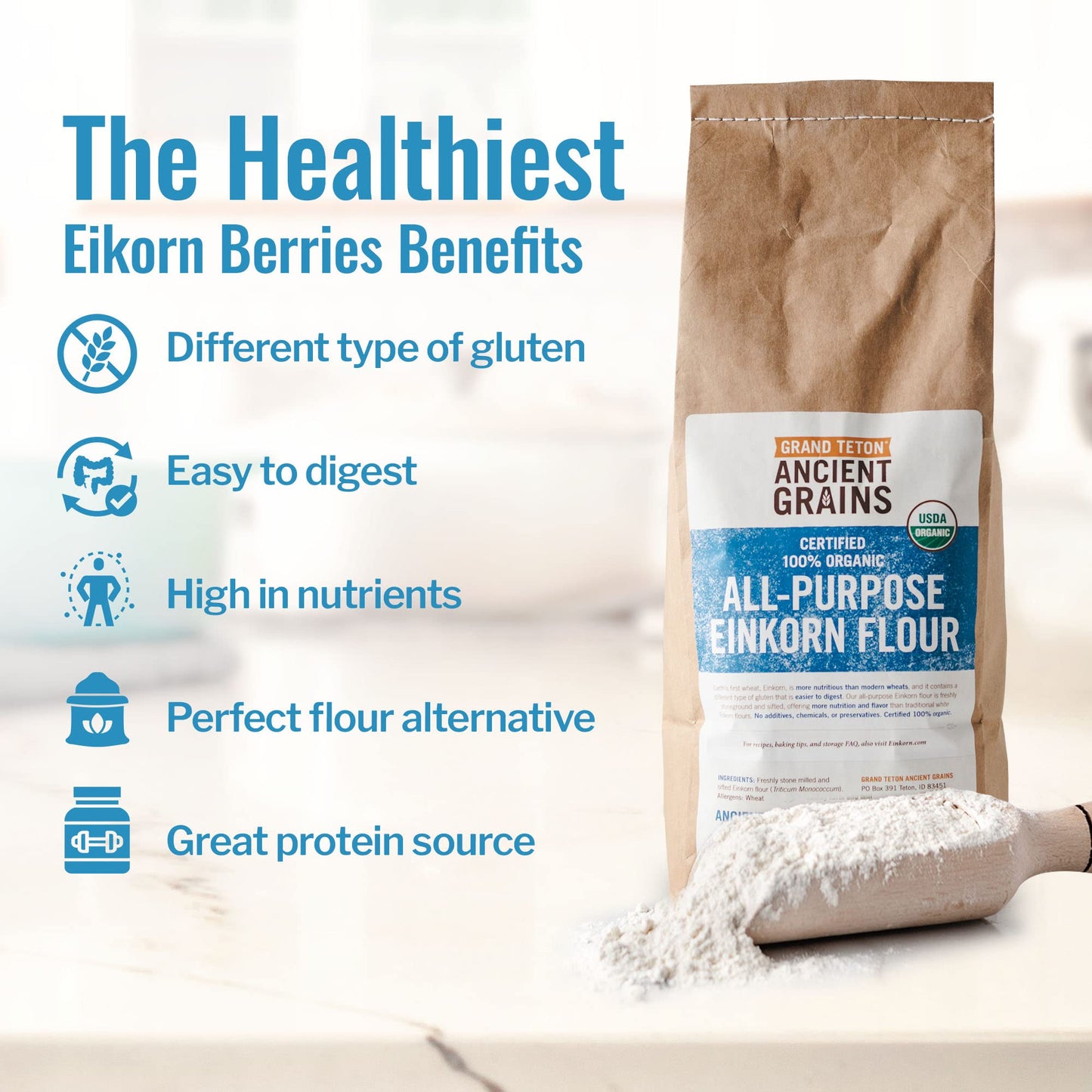 Grand Teton Organic Einkorn Flour - 100% Non-GMO All-Purpose, Unbleached, Rich in Vitamins & Minerals, 5 lbs (80 Ounce)
