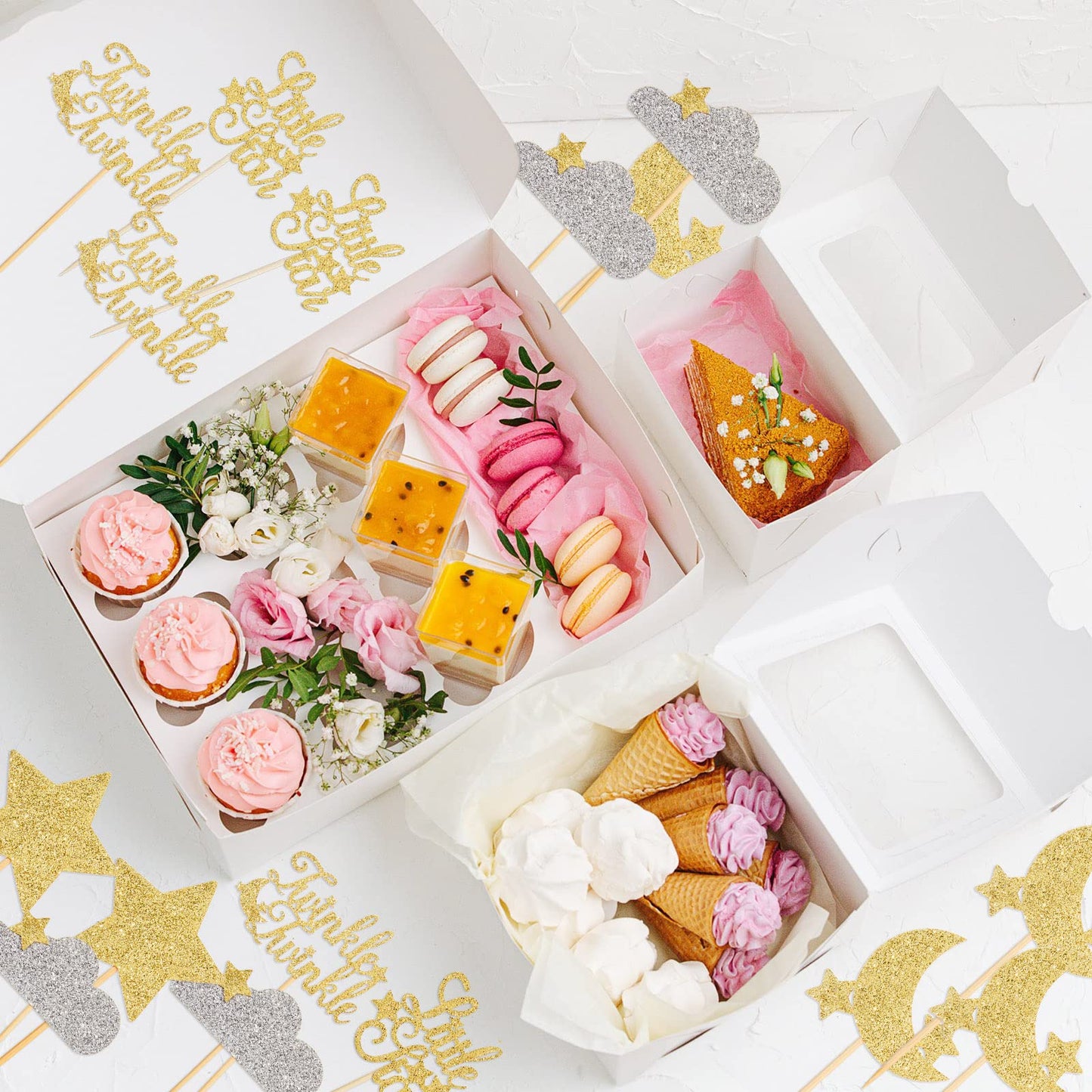 Henoyso Cupcake Toppers 48 Pcs Glitter Star and Moon Picks Gold Silver Bamboo Cardstock Baby Shower Wedding Party Decorations