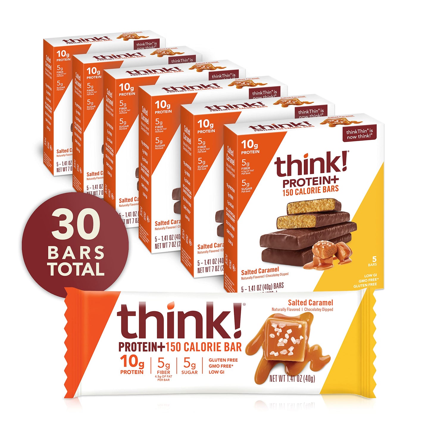 think! Protein Bars with Chicory Root for Fiber, Digestive Support, Gluten Free with Whey Protein Isolate, Salted Caramel, Snack
