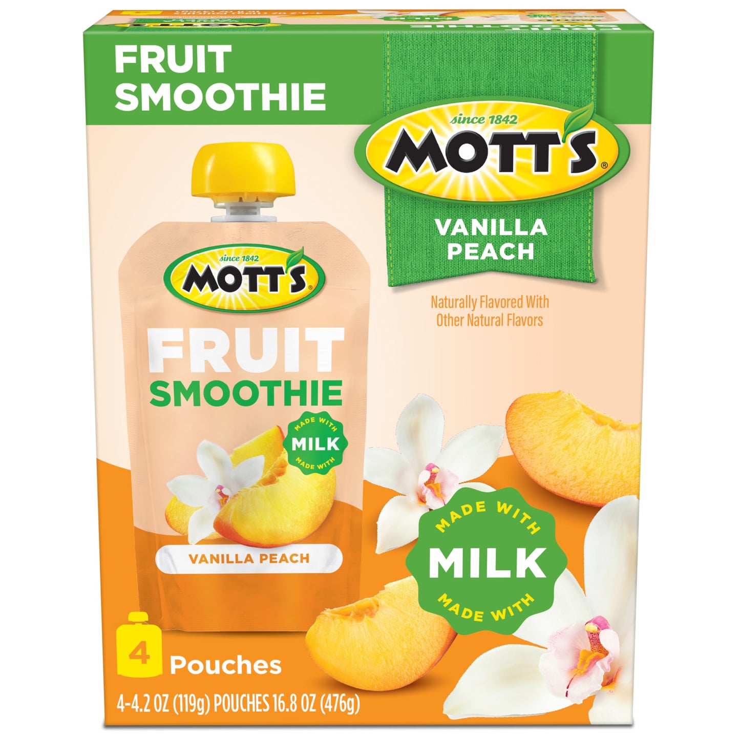 Motts Fruit Smoothies Vanilla Peach, 4.2 oz clear pouches, 24 Count (6 Packs of 4), Made With Milk, Made With Real Fruit, Good S