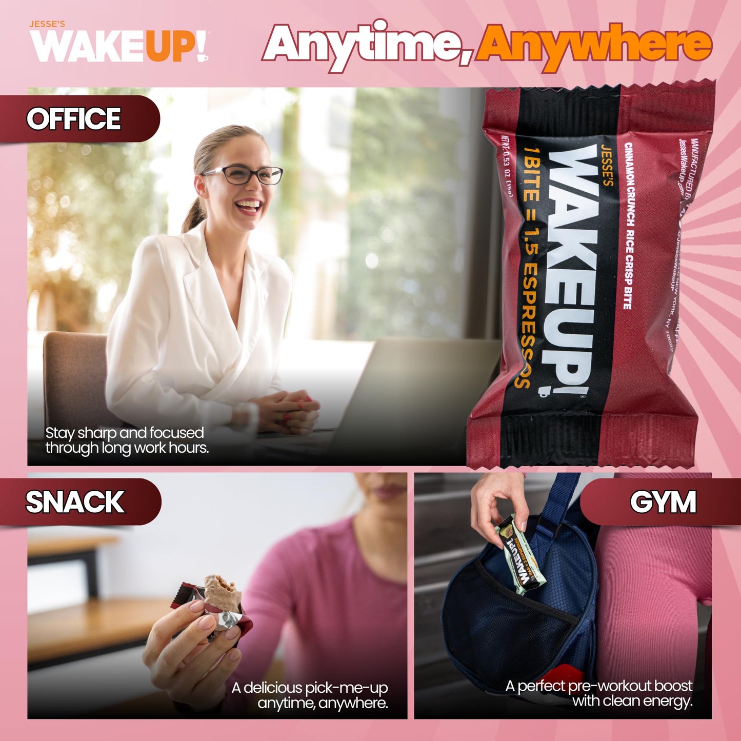 Jesses WakeUP! Cinnamon Crunch Protein Bites - 175mg Caffeine per Bite - Gluten-Free, Vegetarian - 8 Pack