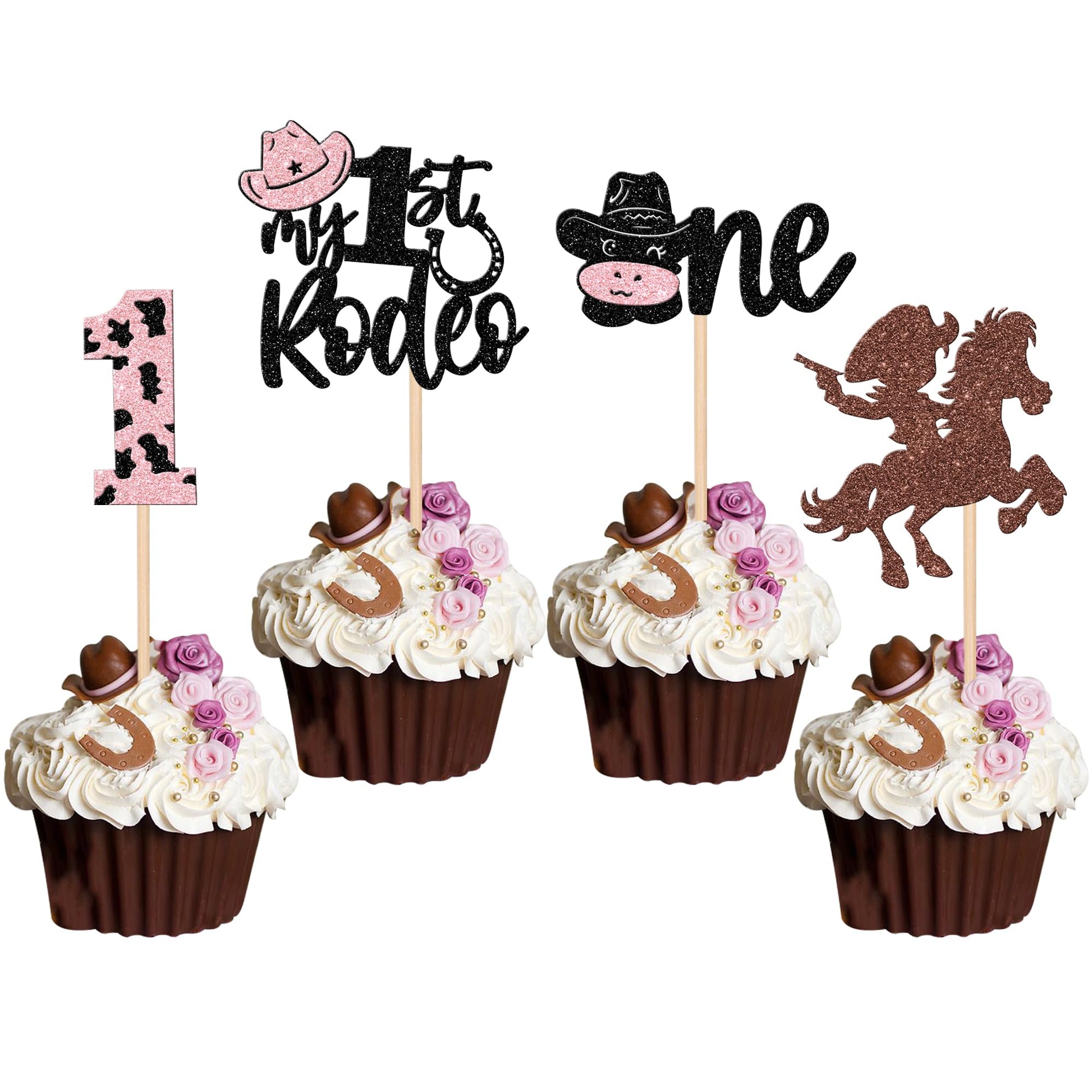 24 Pcs Cowboy 1St Birthday Cupcake Toppers Glitter Hat Cowboy One My 1St Rodeo Cupcake Picks First Birthday Cow One Cake Decorat