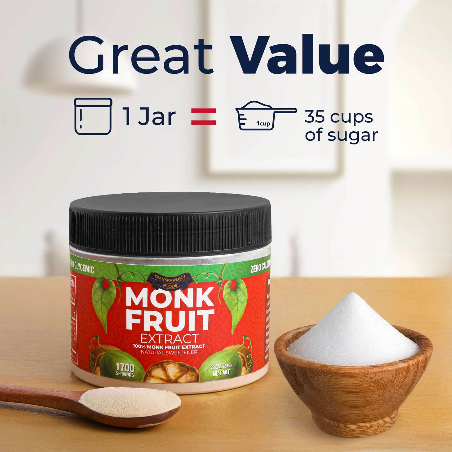 Transparency Foods Monk Fruit Sweetener, 100% Pure, Zero Calories, Non-GMO, 3oz (1700 Servings)