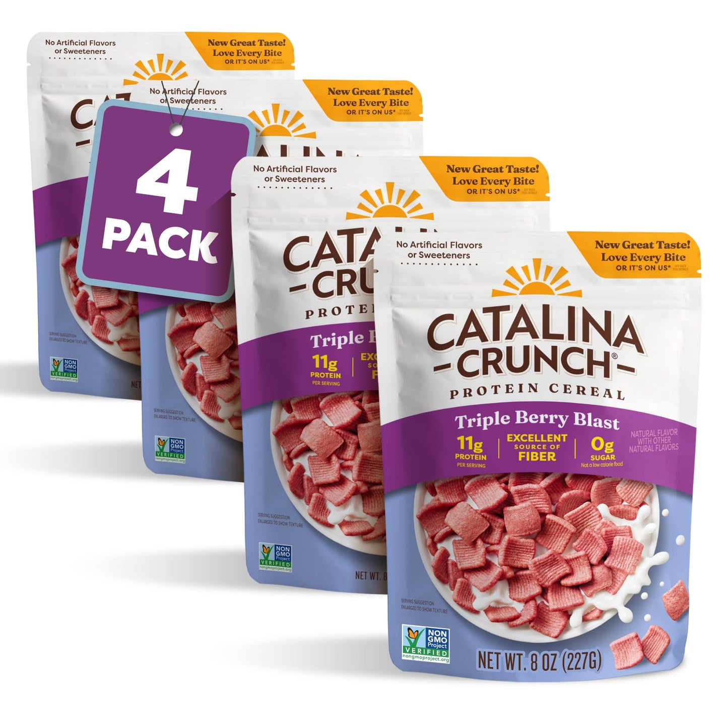 Catalina Crunch High Fiber Cereal 4-Pack, Low Carb, Sugar Free, Gluten Free, Vegan, 8 Ounce, Triple Berry Blast