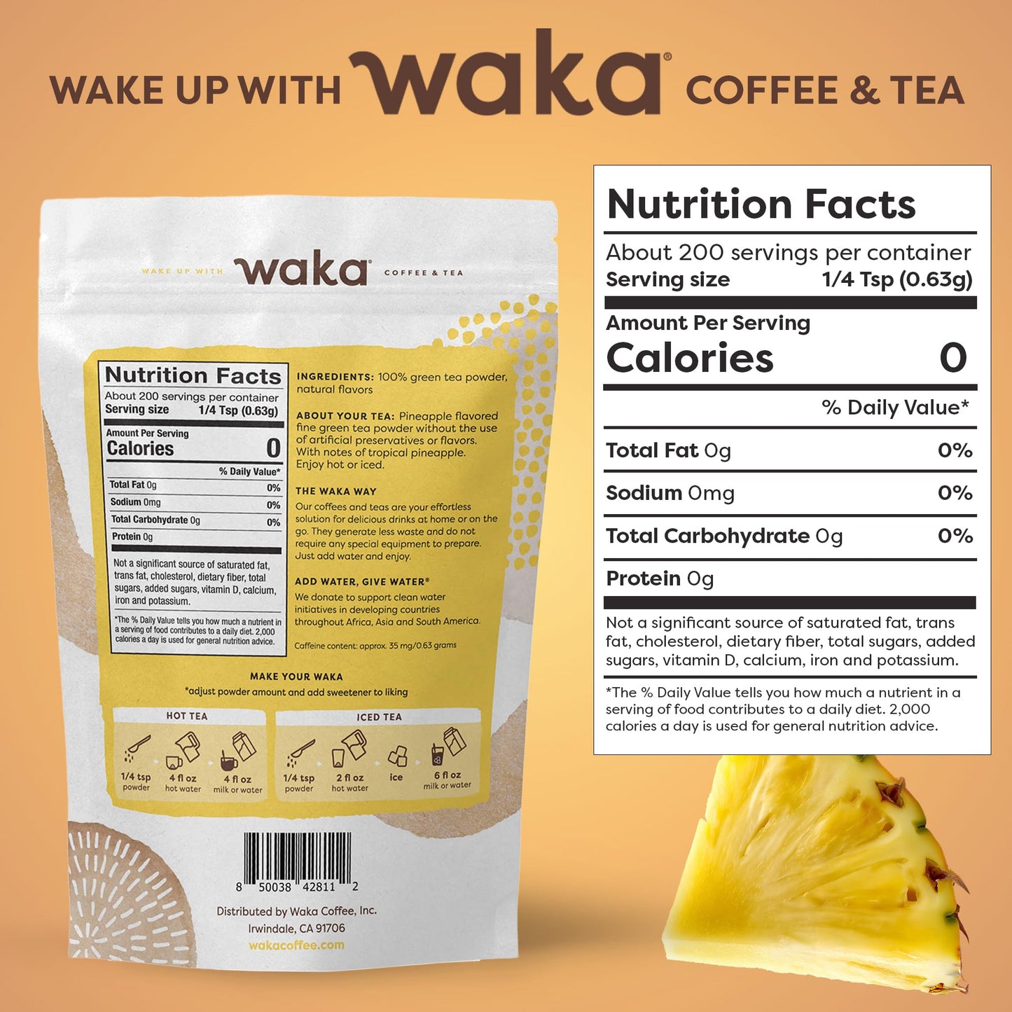 Waka Coffee Instant Tea - Unsweetened Pineapple Flavored Green Tea Powder - 4.5 oz Bulk Bag - 100% Tea Leaves