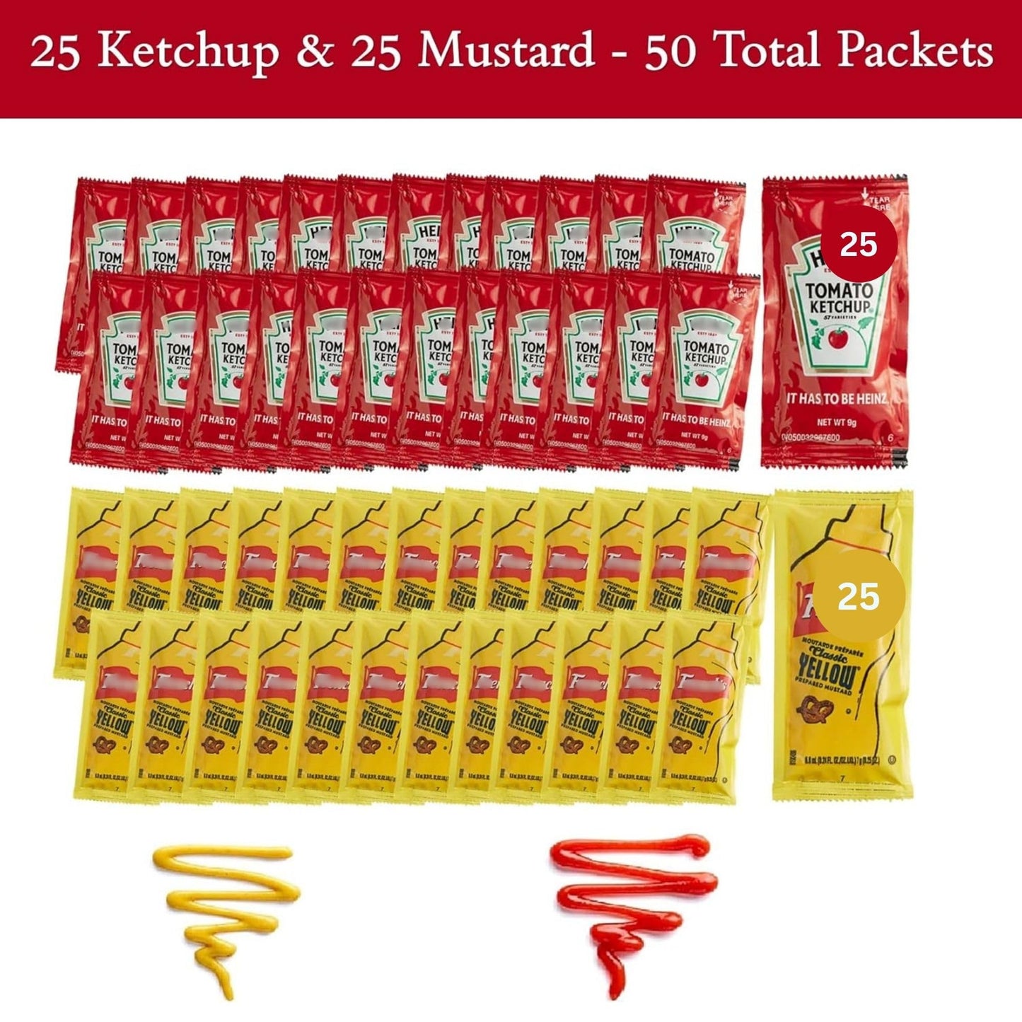 Gift Set: 25 Ketchup (9g) & 25 Mustard (7g) Packets - 50 Total Condement Packs with CMC Products Clip and Spreader (approximatel
