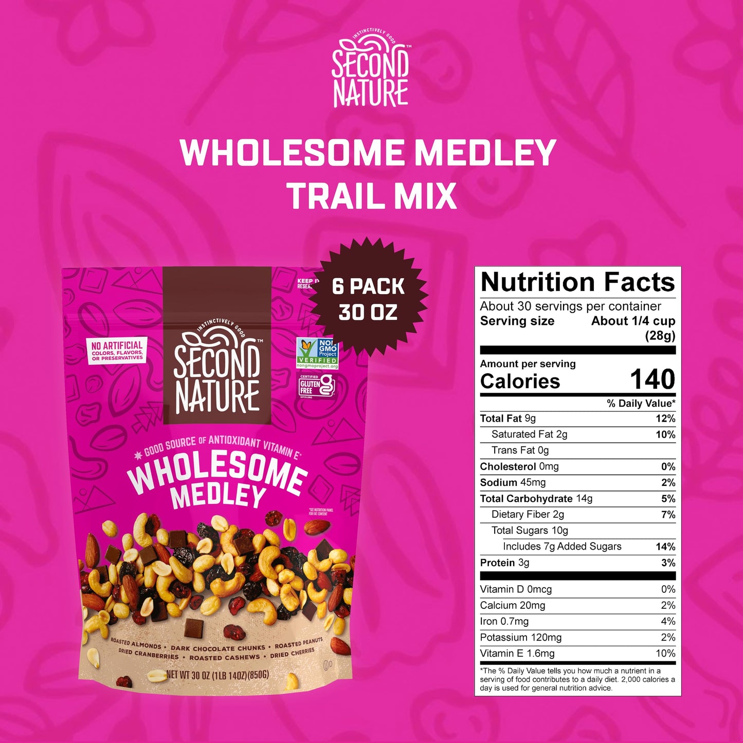 Second Nature Trail Mix - Dark Chocolate, Dried Fruit & Nuts, Gluten-Free, 30 oz (Pack of 6)