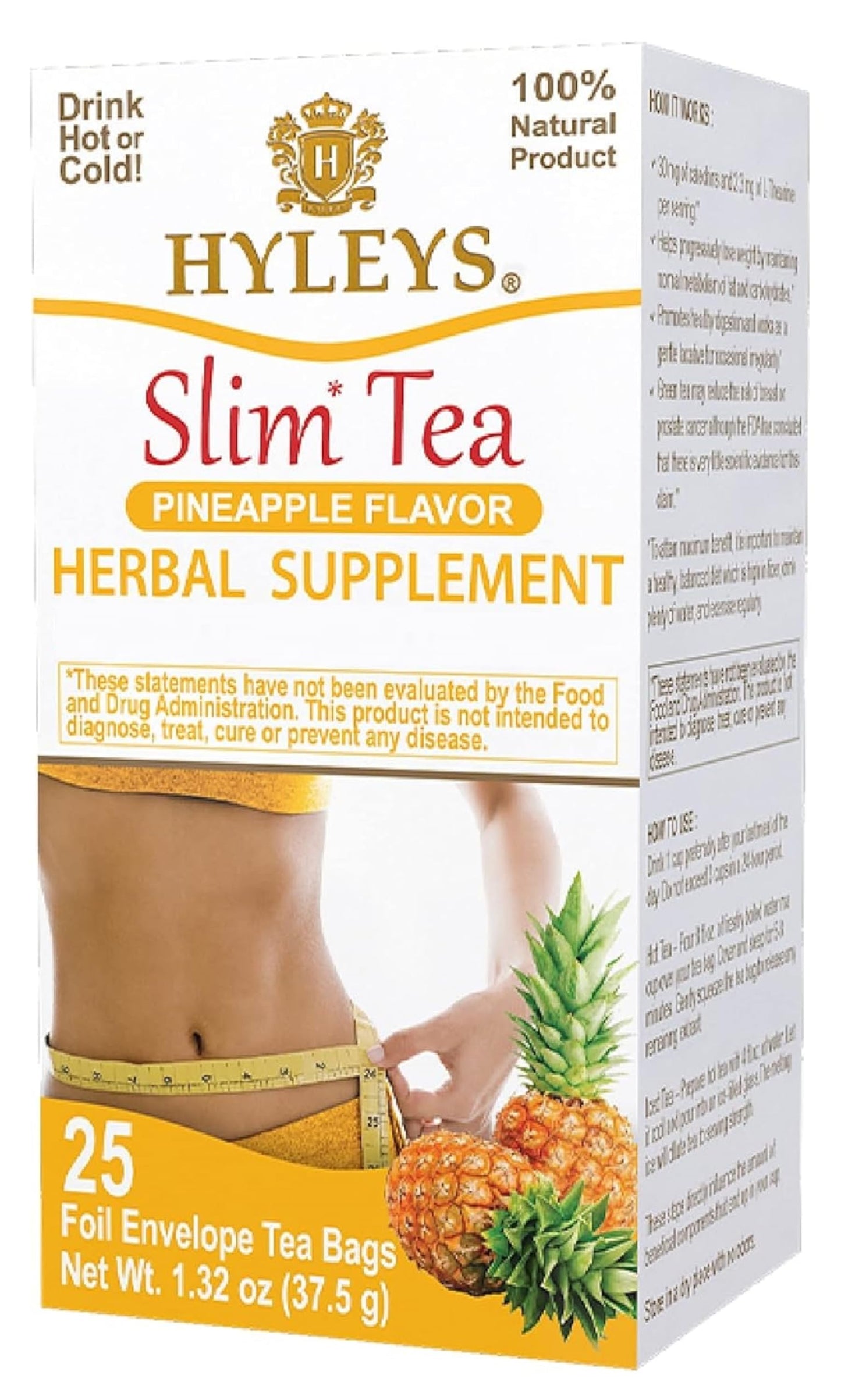 HYLEYS Tea Slim Tea Pineapple Flavor - Herbal Supplement, 25 Tea Bags (12 Pack)