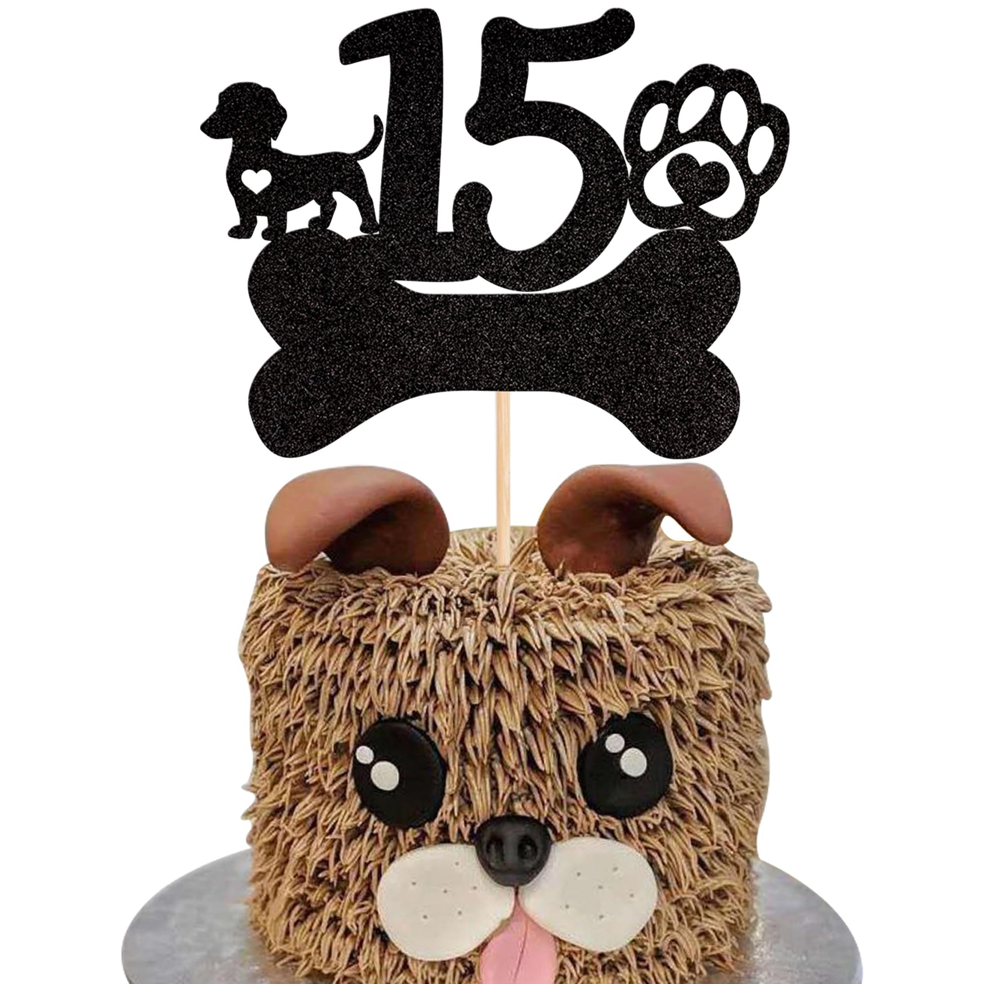 1 PCS 15th Birthday Cake Topper Black Glitter Dog Paw Fifteen Years Old Birthday Puppy Dog Bone Cake Pick for Let's Pawty Baby S