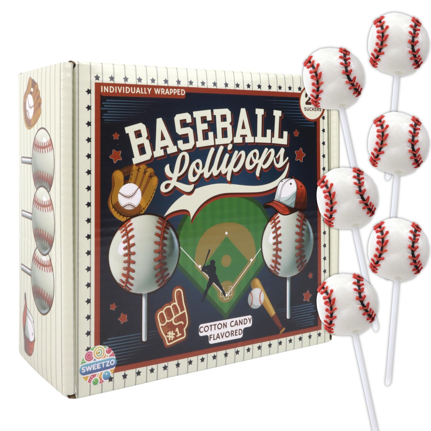 Sweetzo Baseball Lollipops, Strawberry Flavor, Individually Wrapped, 24 Count Box, 10.16 Ounces