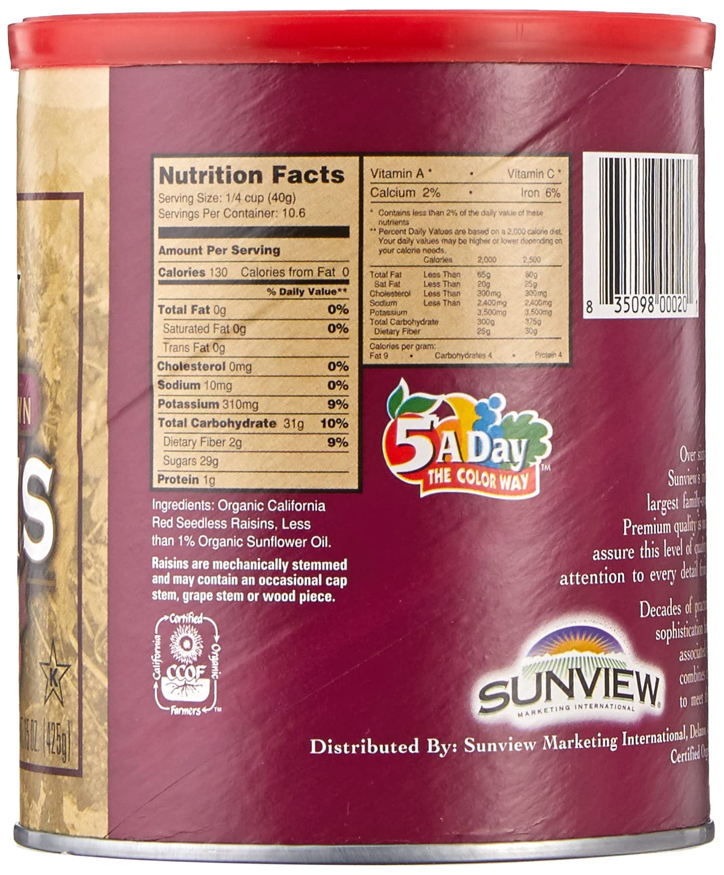Sunview Organic Red Seedless Raisins 3 -15 oz. Canisters