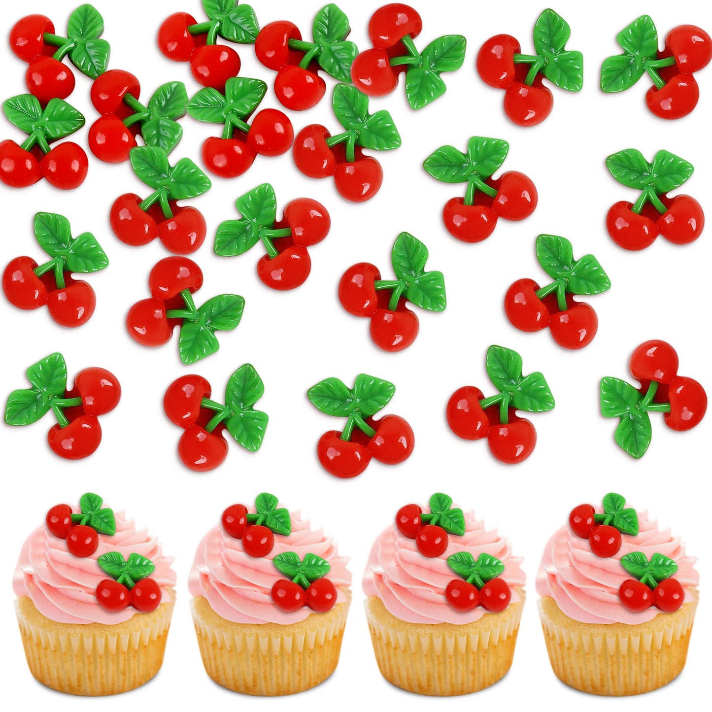 Cyodoos 24 Pcs Cherry Cupcake Toppers, Red Resin Fruit Theme Picks for Kid Baby Shower Party Decorations