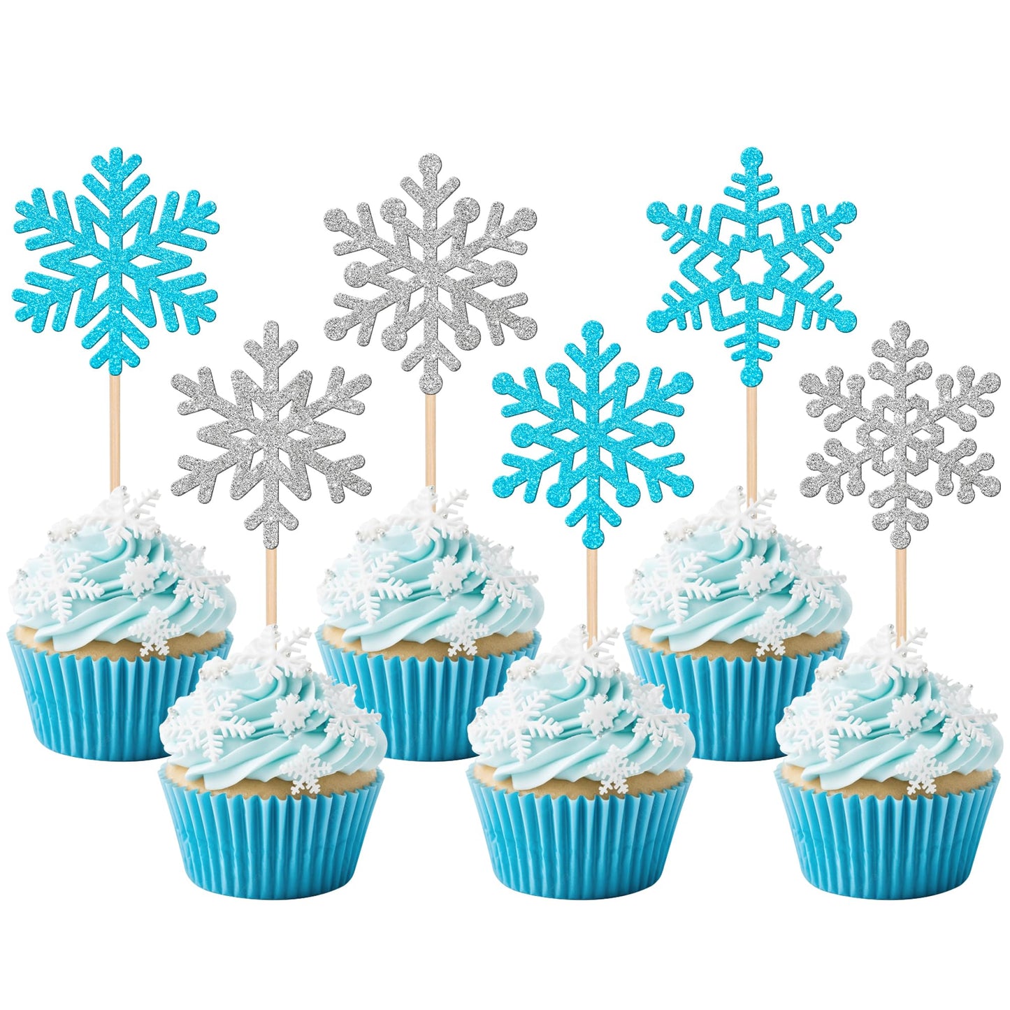 ZHUOWEISM 24 PCS Snowflake Cupcake Toppers Paper Winter Theme Decorations Silver Blue