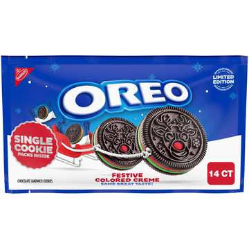 OREO Red and Green Festive Colored Creme Chocolate Sandwich Cookies  Limited Edition Holiday Cookies  14 Snack Packs (1 Per Pack)