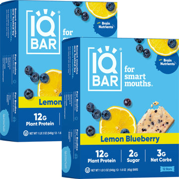 Iqbar Brain And Body Plant Protein Bars - Lemon Blueberry - 24 Count, Low Carb, High Fiber, Gluten Free, Healthy Vegan Snacks - 
