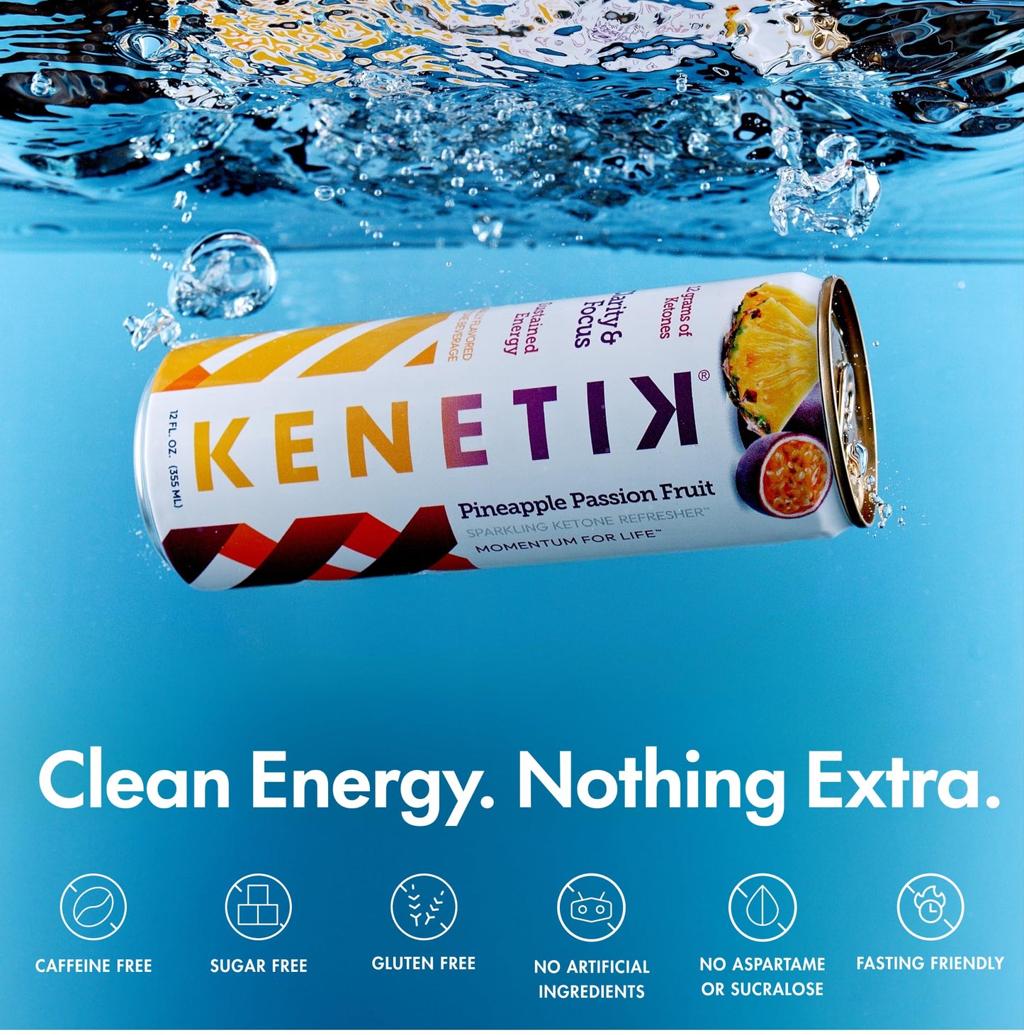 Kenetik Nootropic Ketone Drink, Sugar Free, Caffeine Free, 12 Fl Oz (Pack of 12), Pineapple Passionfruit