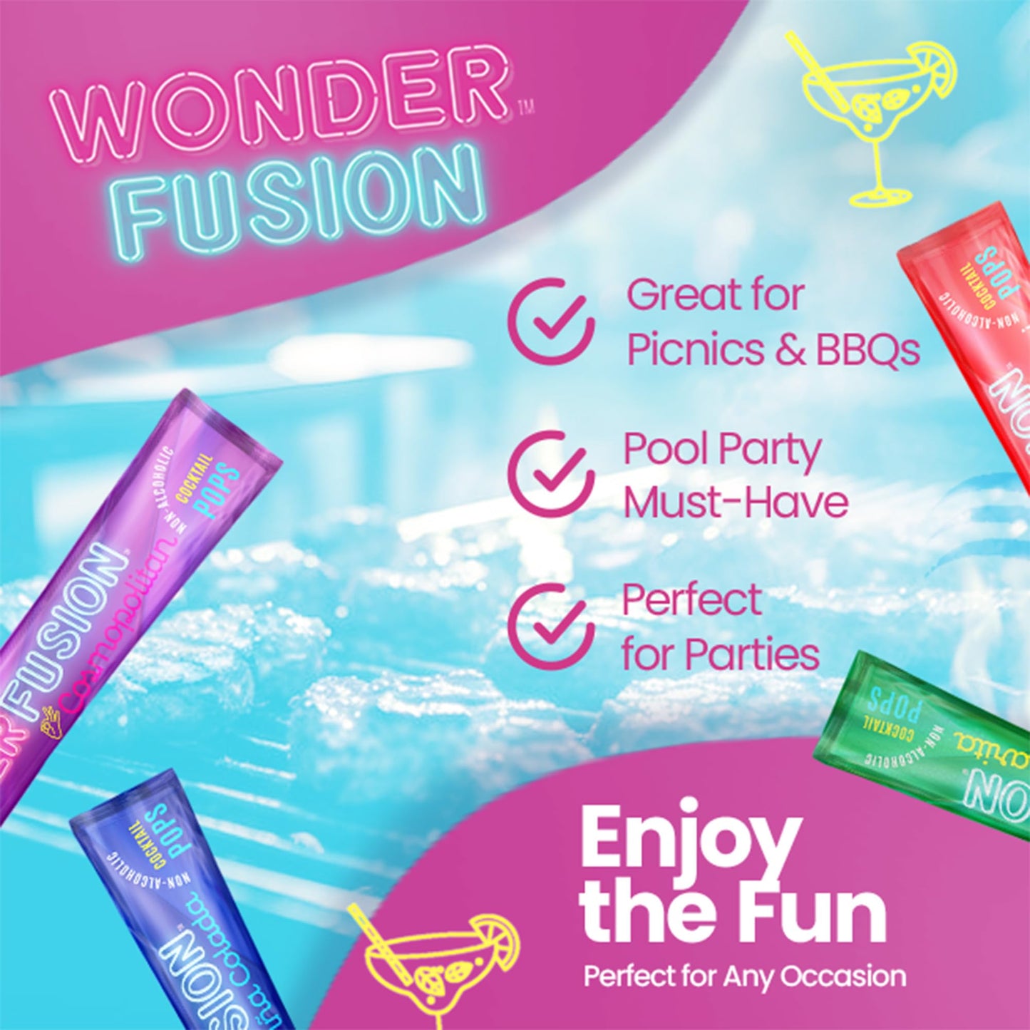 Wonder Fusion Non-Alcoholic Cocktail Freeze Pops Variety Pack - 16 Ice Pops, Margarita, Strawberry Daiquiri, Pina Colada, Cosmopolitan