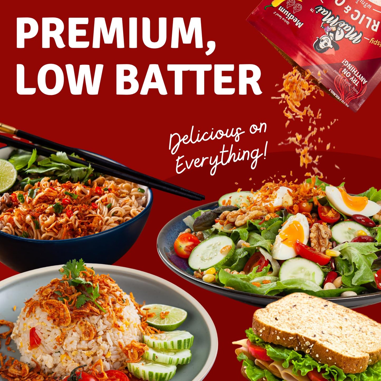 Maemai Medium Spice (Spicy) - Crispy Onions & Garlic Flakes - Crunchy All-Purpose Seasoning, Keto, Salad Toppings, Fried Onions - Ramen, Rice Seasoning, Vegan, Gluten-Free | 3.17Oz (90G)