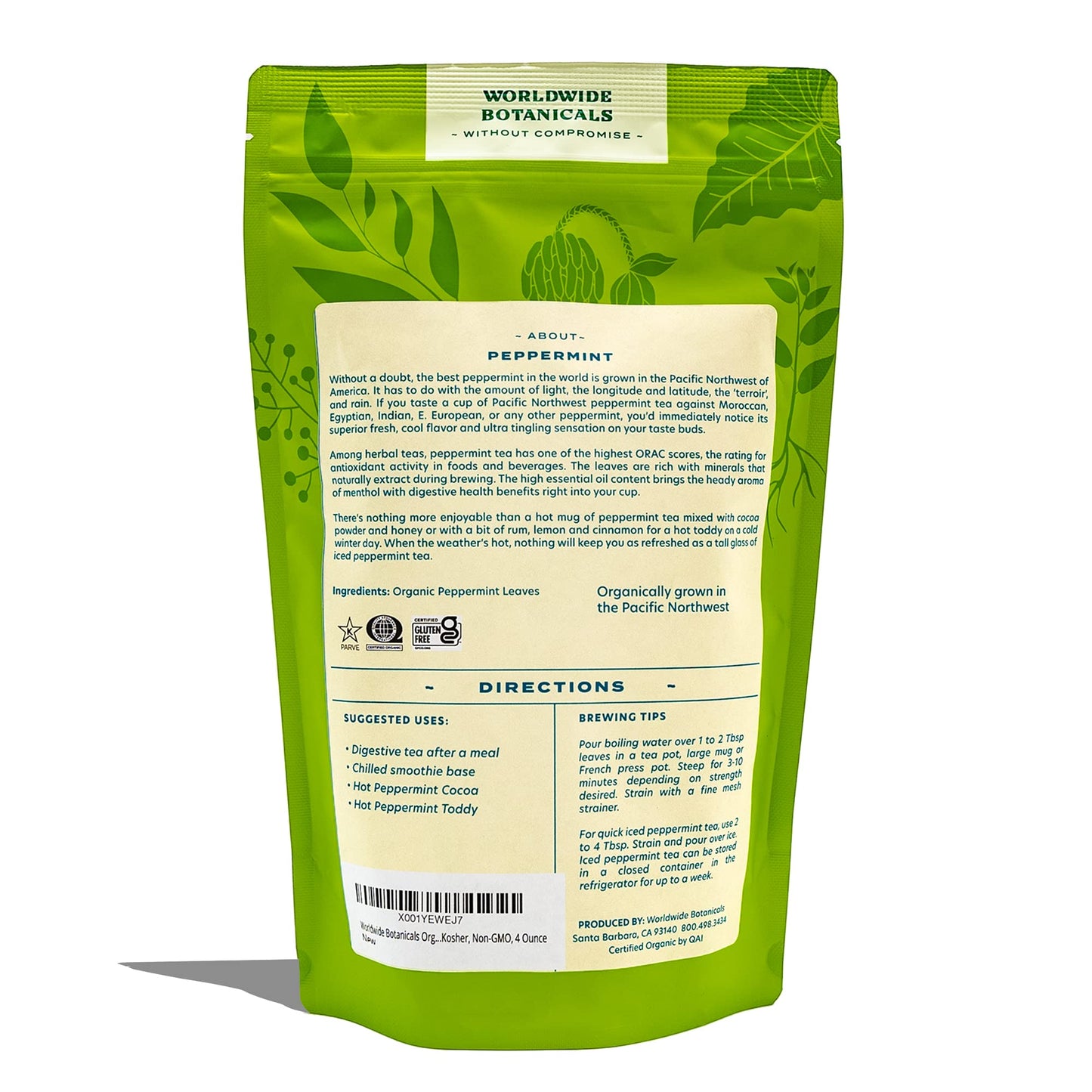 Worldwide Botanicals Organic Peppermint Loose Leaf Tea - 4 oz, Caffeine Free, Antioxidant, Pacific Northwest Cultivation