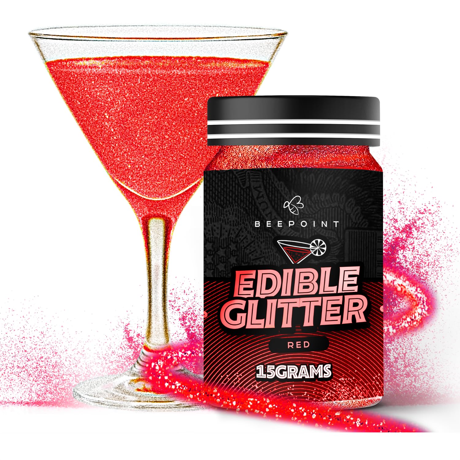 BeePoint Edible Glitter Luster Dust - Food Grade Shimmer Powder for Baking, Cocktails & Cakes - 15g - Red