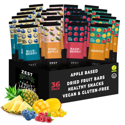 Fruit Snacks by Zest Delites, Fruit Leather Bars, Healthy Snacks for Adults & Kids, Vegan, Dried Apple-Based Pineapple, Mango, B