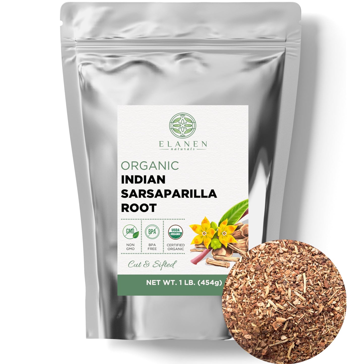 Elanen Naturals Organic Sarsaparilla Root, 1 lb (16 oz), USDA Certified Organic, Cut & Sifted