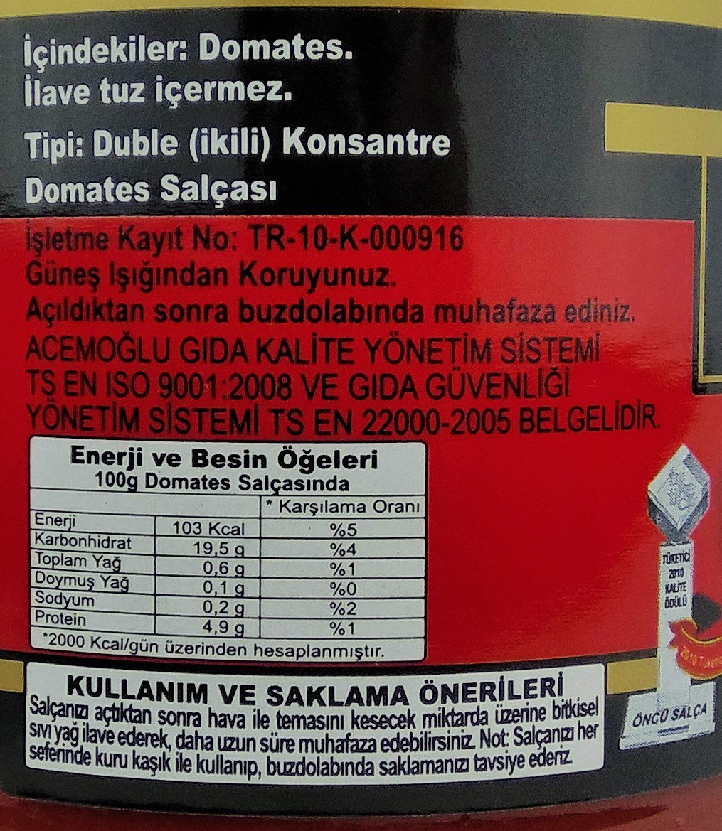 Oncu Traditional And Natural Pastes (Turkish) (Tomato Paste, 700 Gr / 24.64 Oz)
