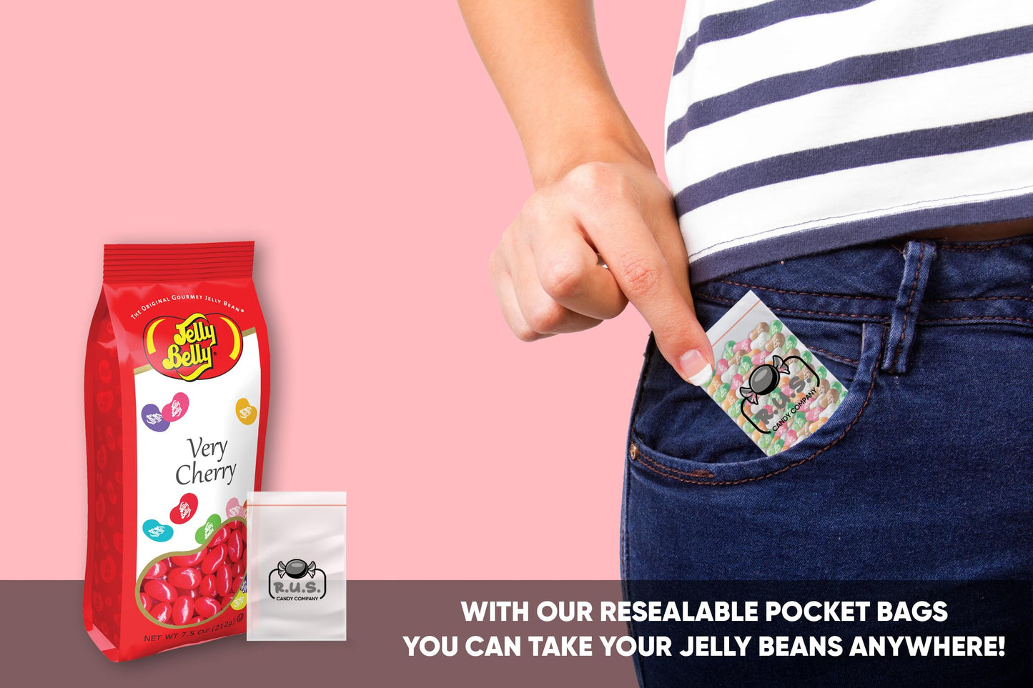 Jelly Belly Bundle- Very Cherry Jelly Beans - 7.5 Oz Gift Bag- Includes Rus Candy Company Travel Size Pocket Bag (Very Cherry)